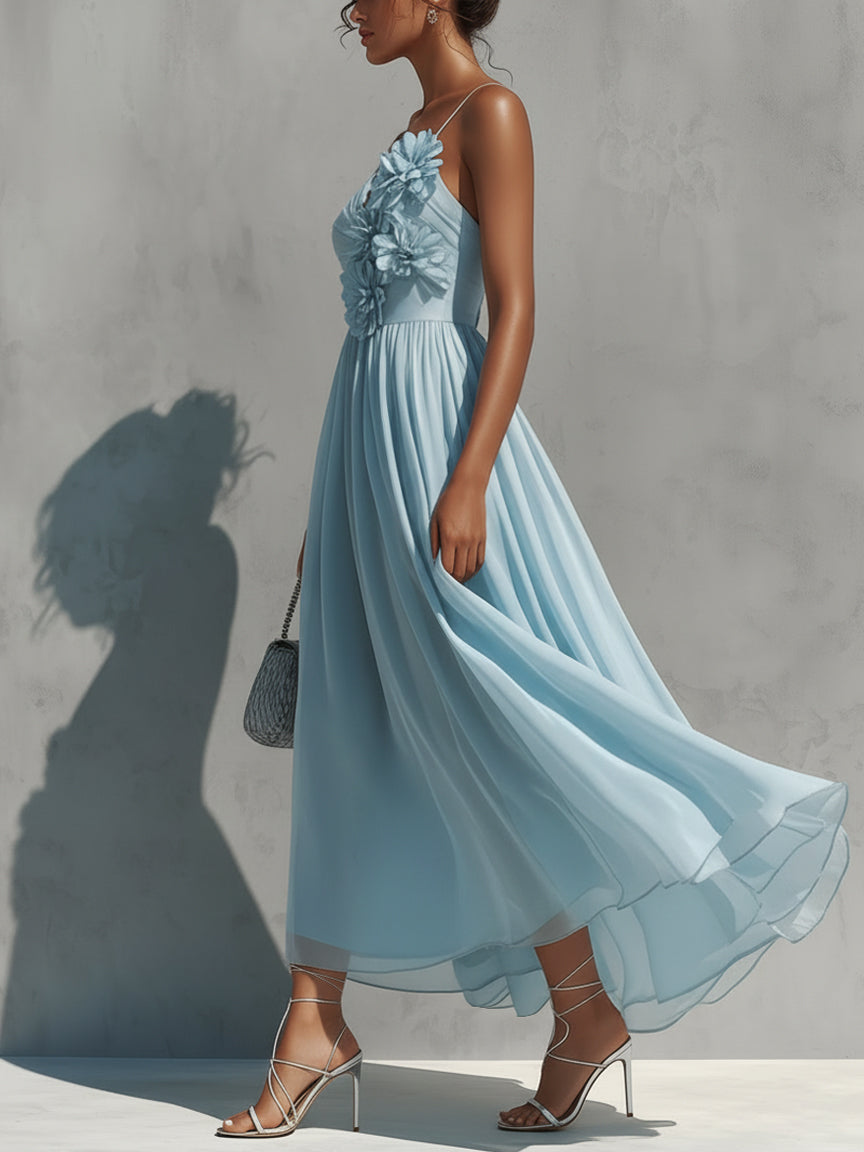 Blue Chiffon 3D Floral Maxi Dress