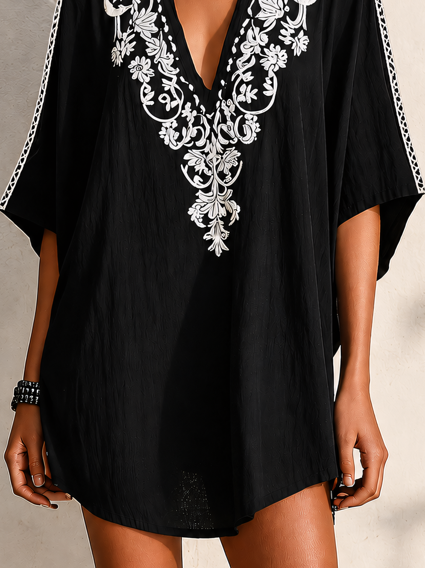 Black Cotton Linen Embroidered Halter Mini Dress With Boho Trim
