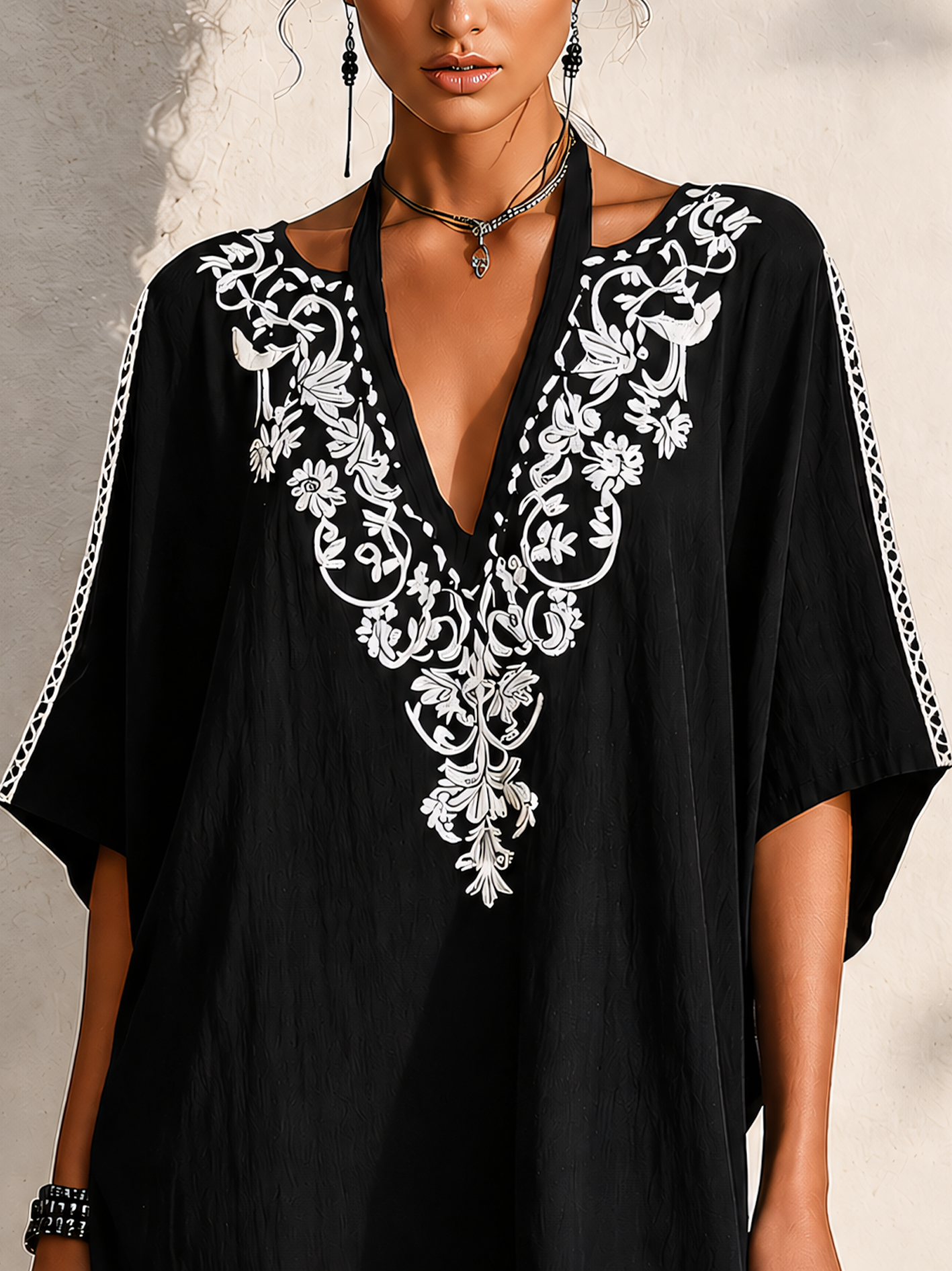 Black Cotton Linen Embroidered Halter Mini Dress With Boho Trim