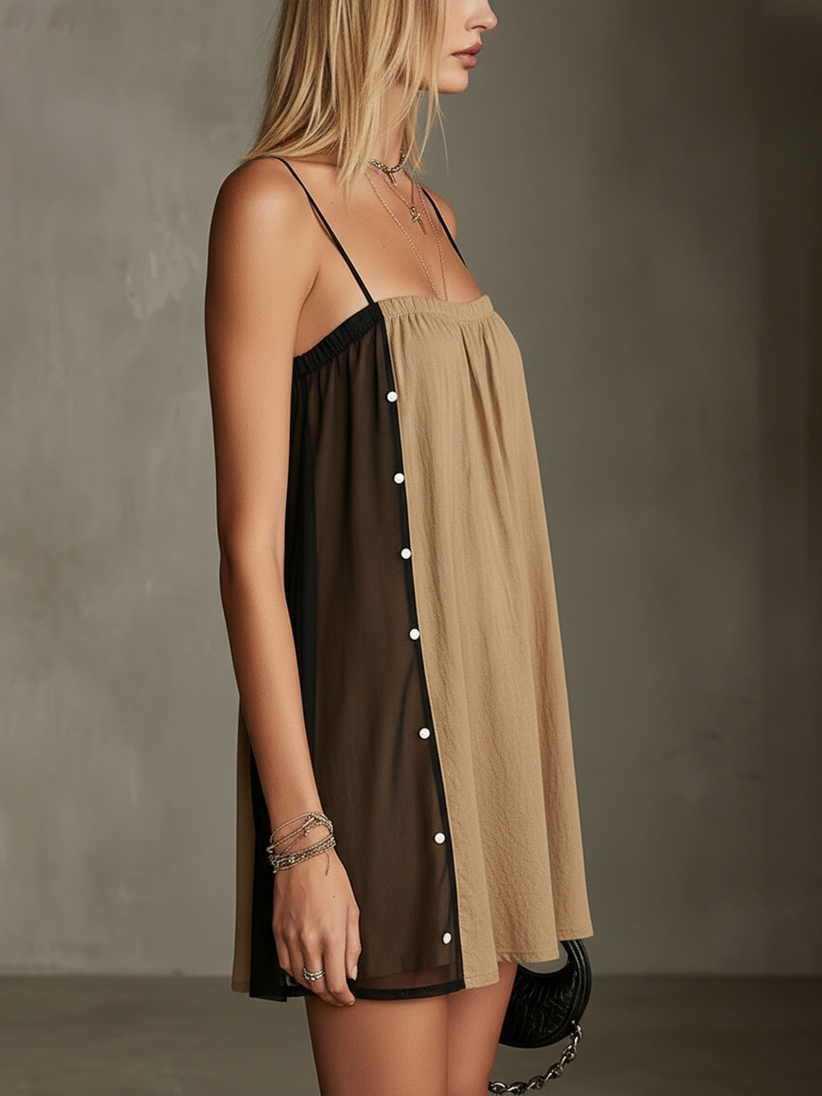 Two-Tone Spaghetti Strap Mini Dress With Sheer Black Side Panels