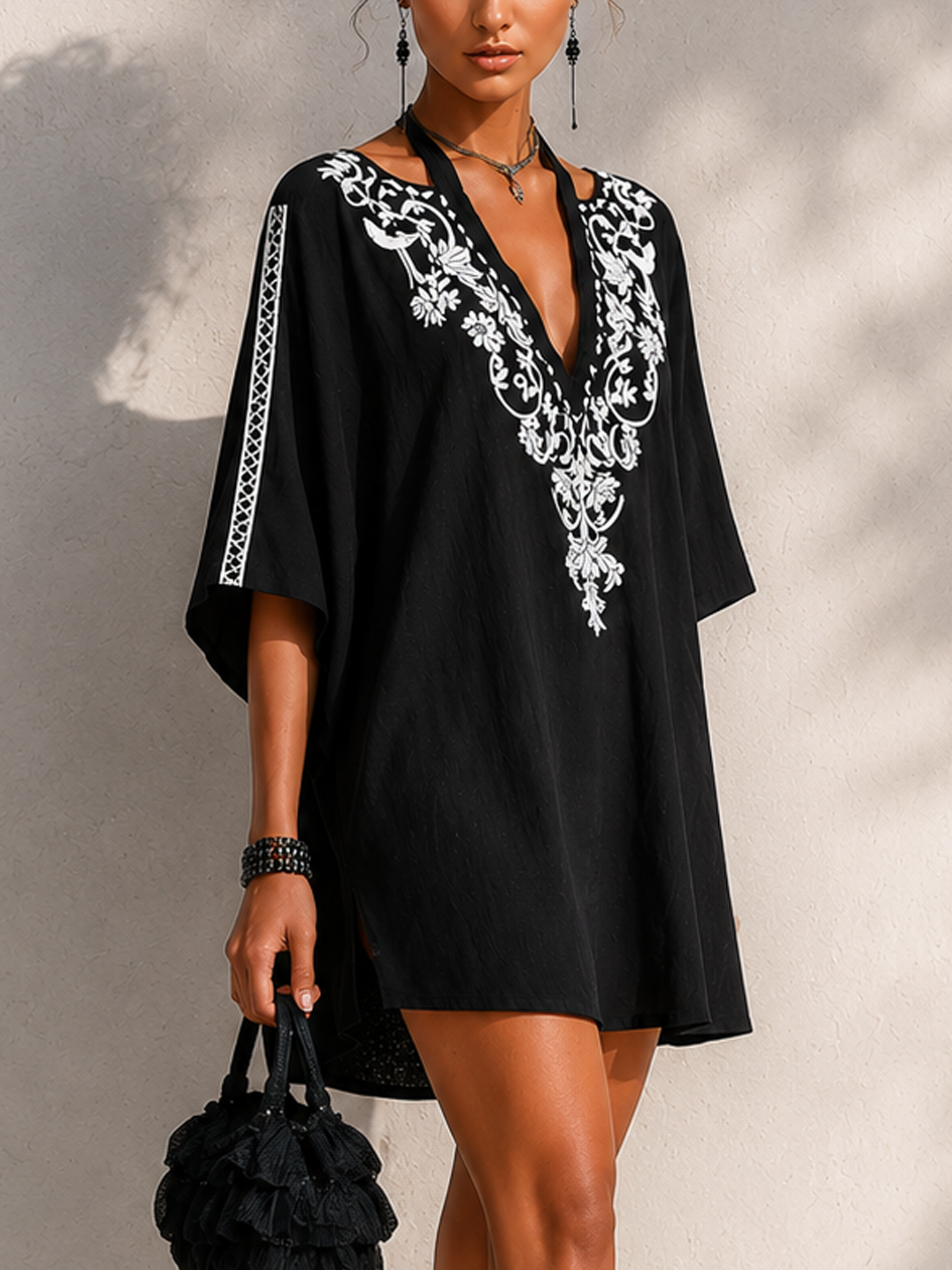 Black Cotton Linen Embroidered Halter Mini Dress With Boho Trim