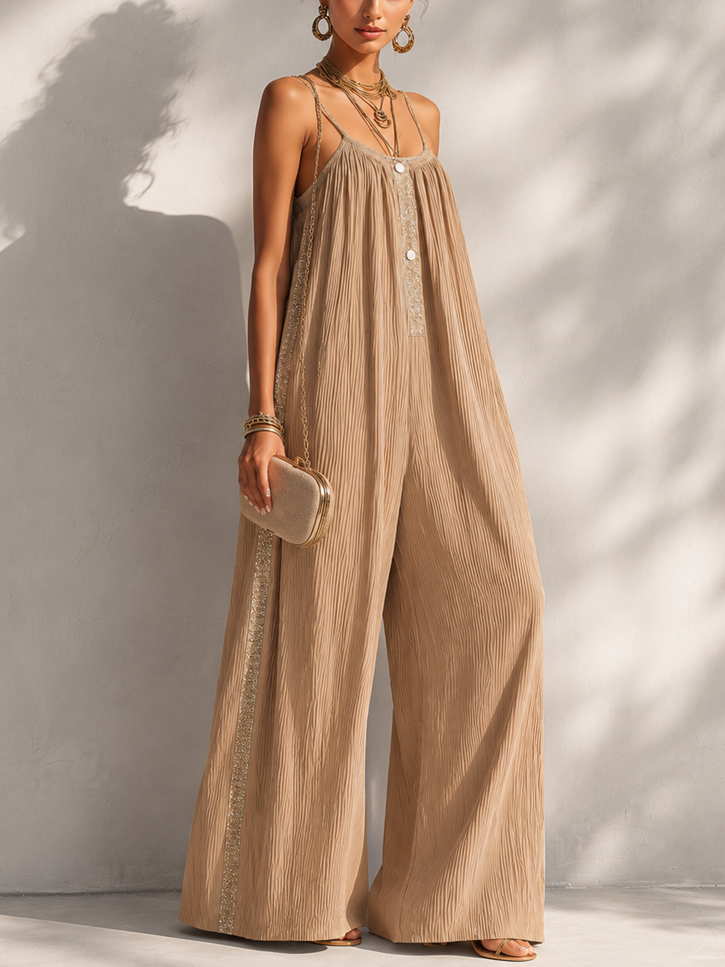 Beige Textured Sleeveless Jumpsuit With Lace Trim And Button