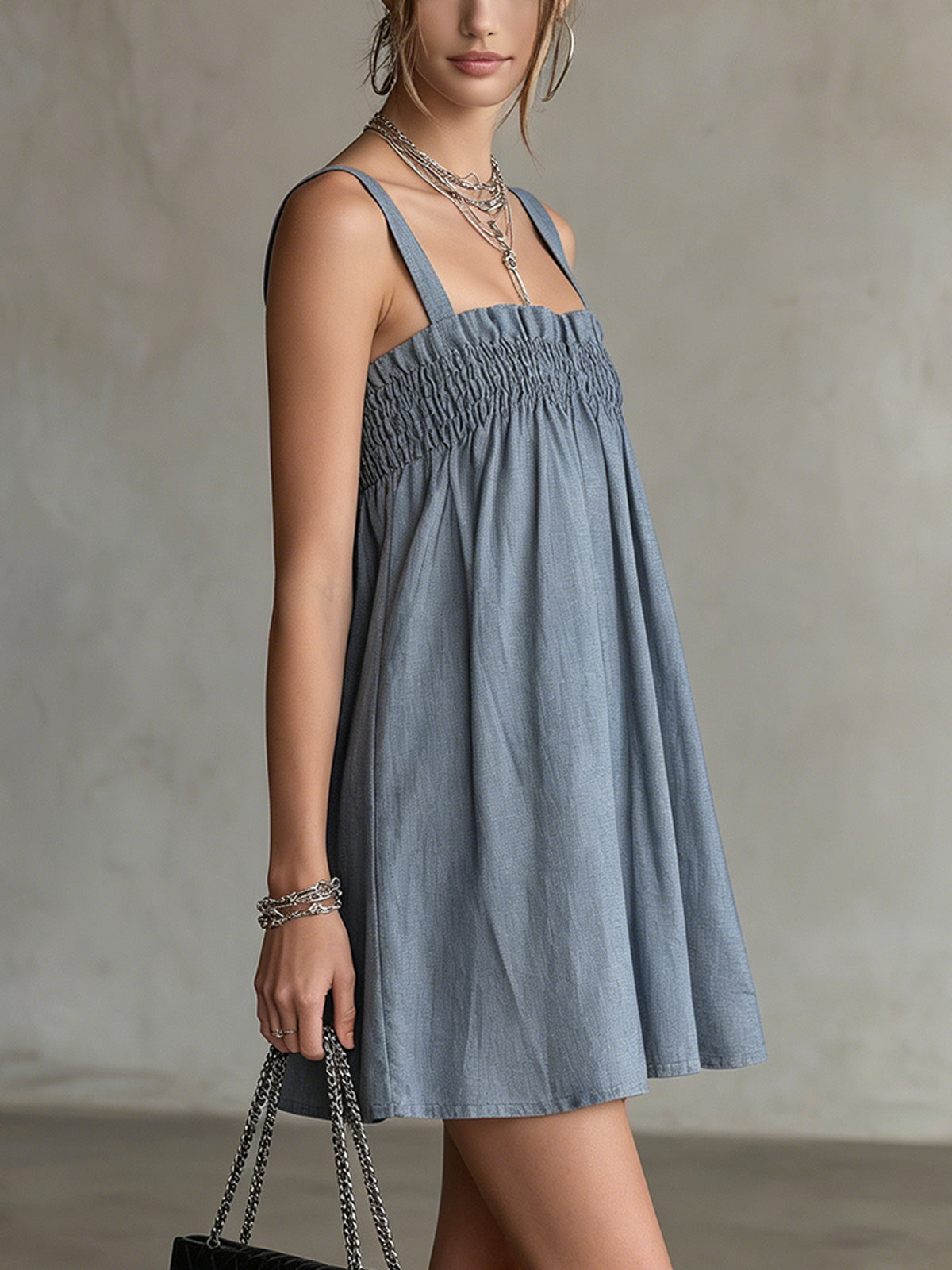 Blue Smocked Square-Neck Mini Dress With Wide Straps