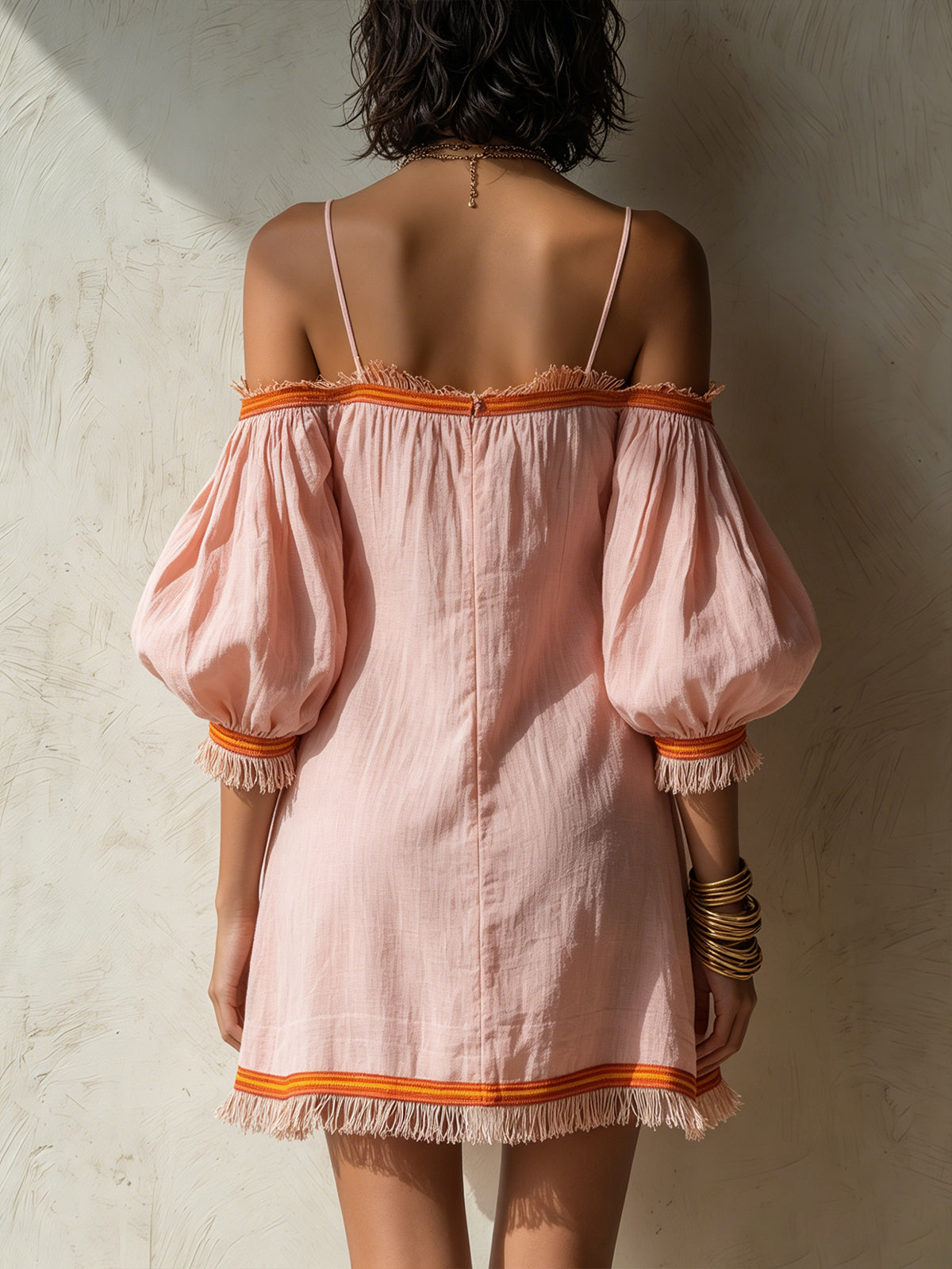 Pink Off-Shoulder Mini Dress With Orange Fringe Trim