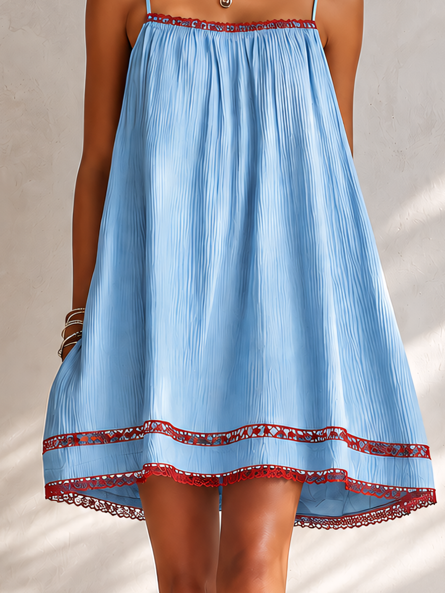 Sky Blue Textured Pleated Mini Dress With Lace Trim