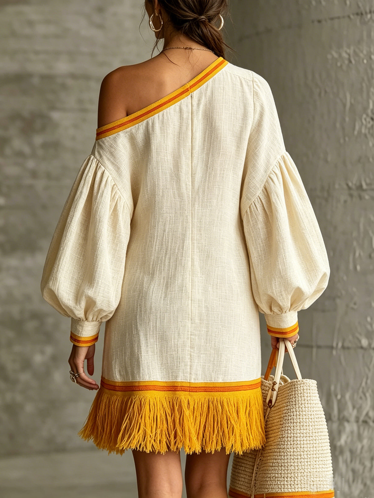 Ivory One-Shoulder Mini Dress With Balloon Sleeves And Yellow Fringe Hem