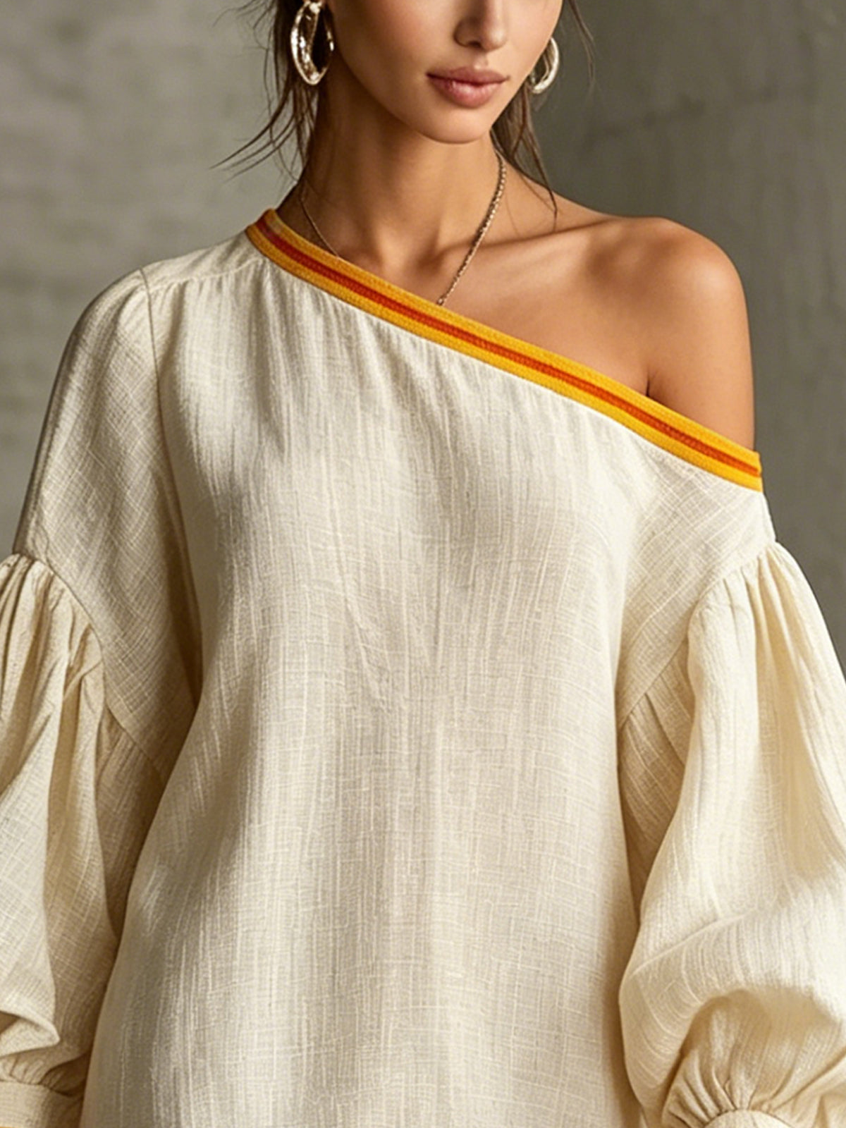 Ivory One-Shoulder Mini Dress With Balloon Sleeves And Yellow Fringe Hem