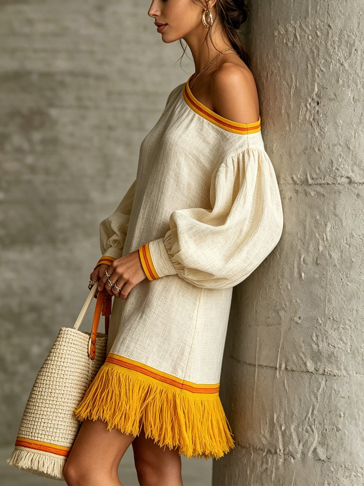 Ivory One-Shoulder Mini Dress With Balloon Sleeves And Yellow Fringe Hem