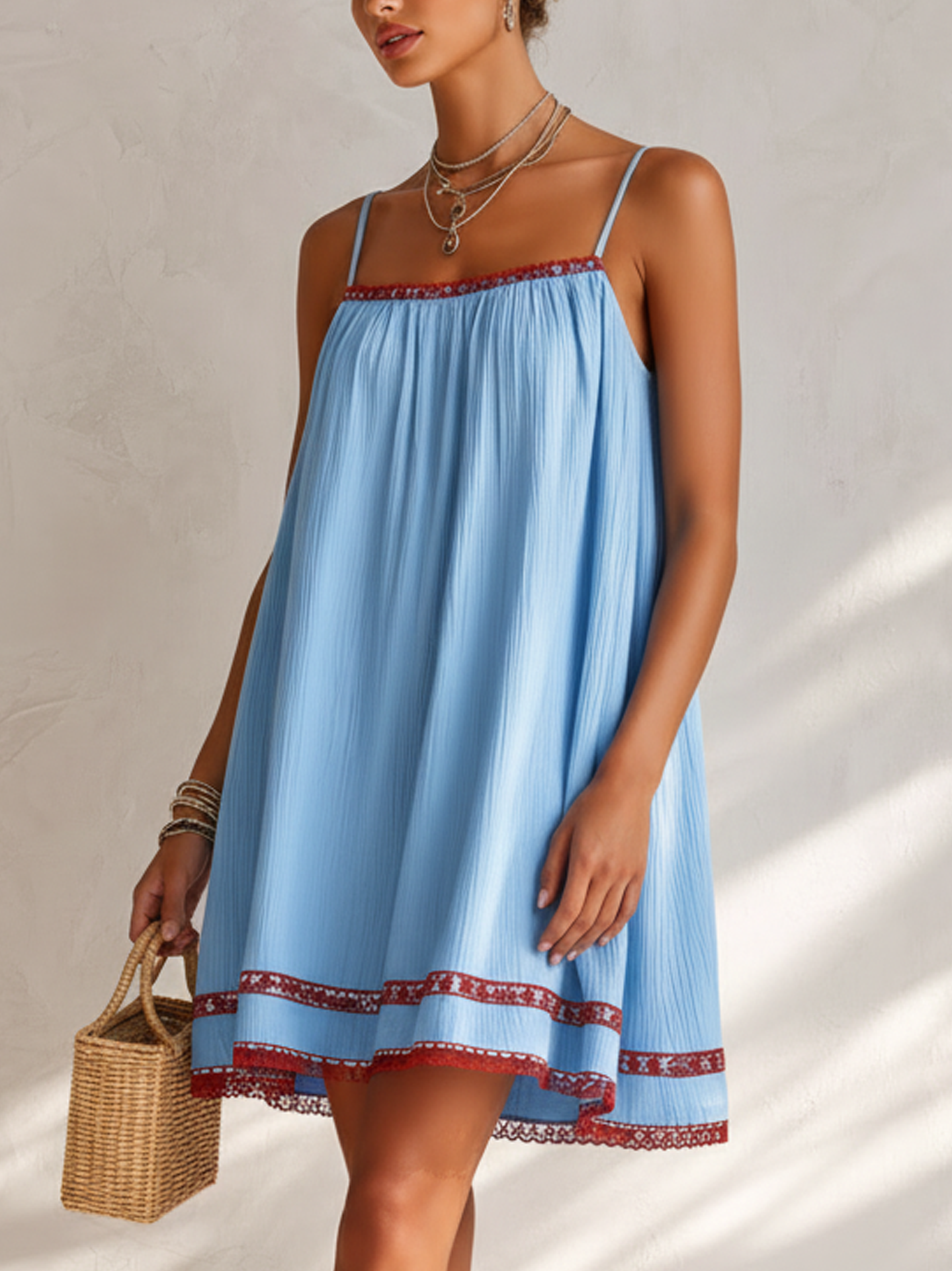 Sky Blue Textured Pleated Mini Dress With Lace Trim