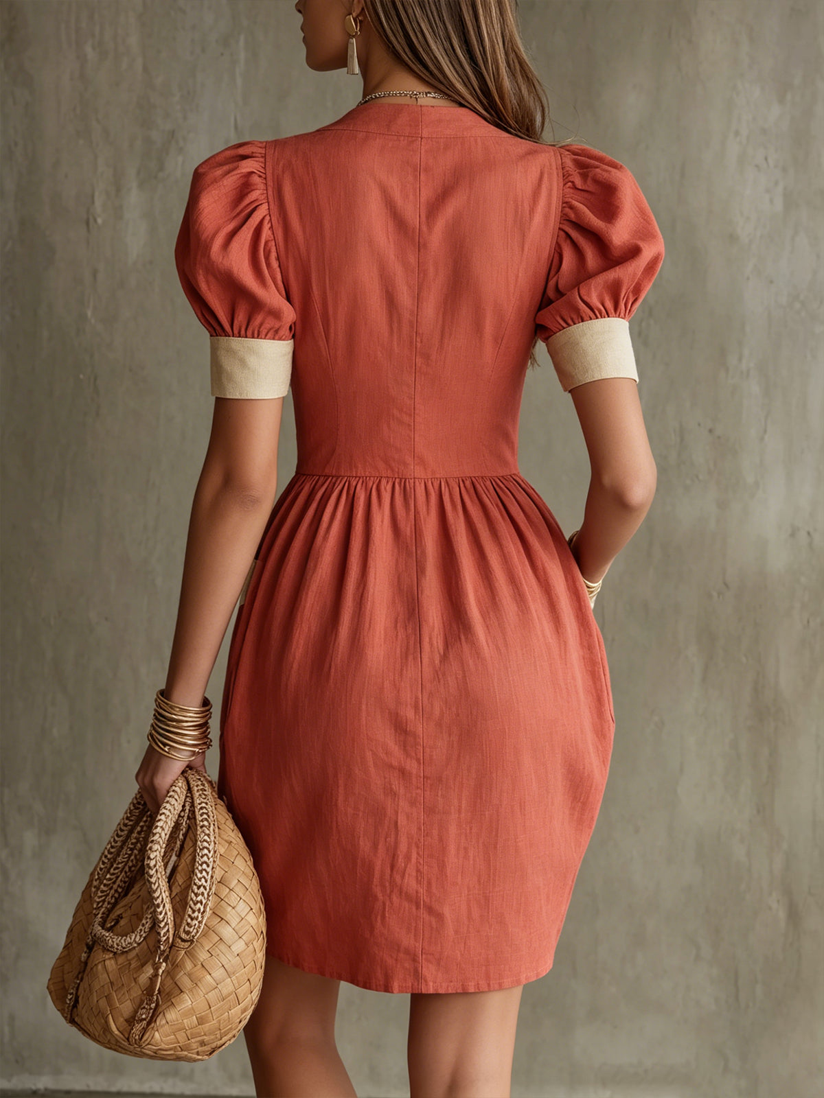 Red Puff Sleeve Button-Front Midi Dress With Contrast Pockets