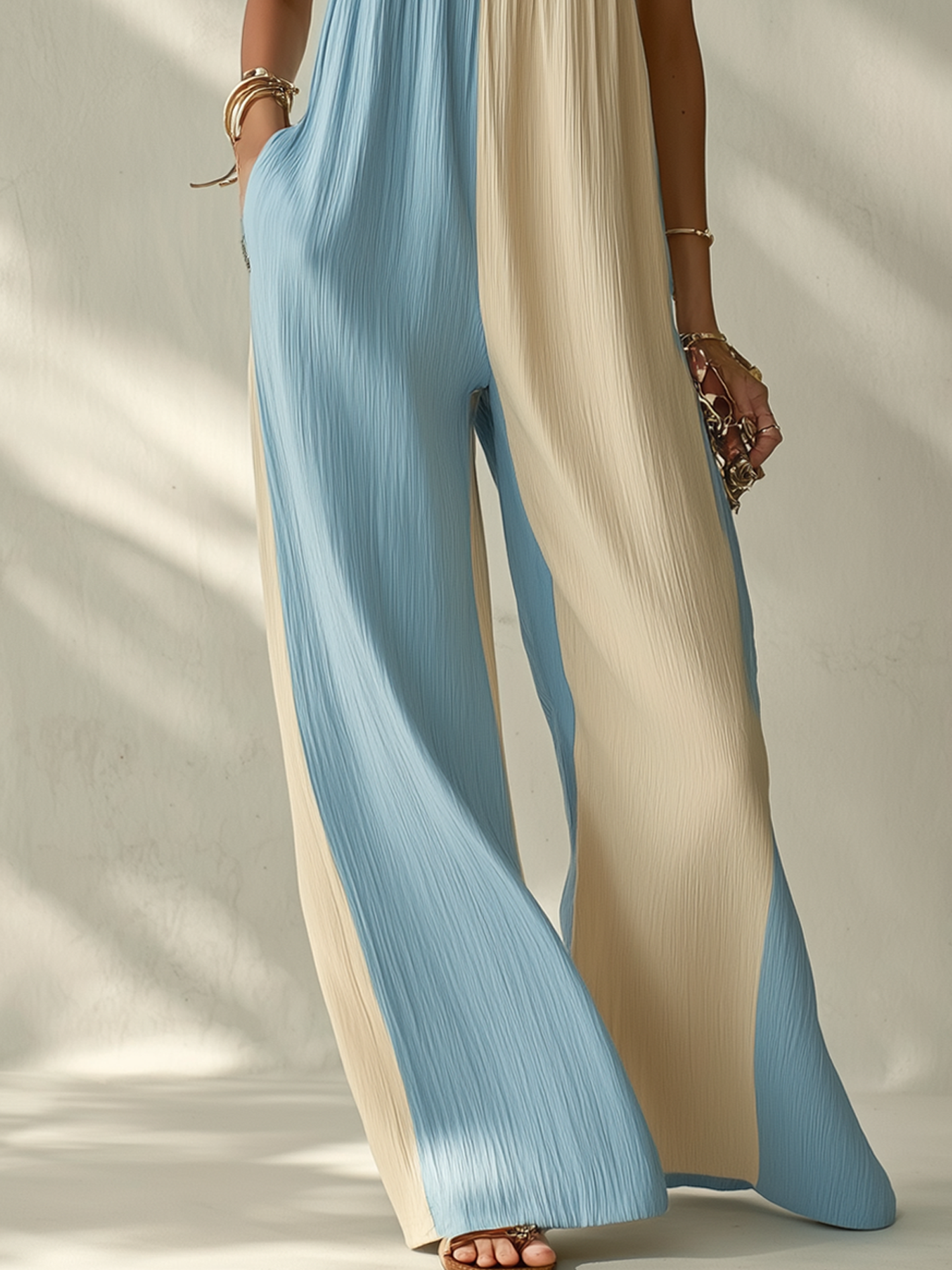 Color Block Blue Beige Textured Sleeveless Wide Leg Jumpsuit