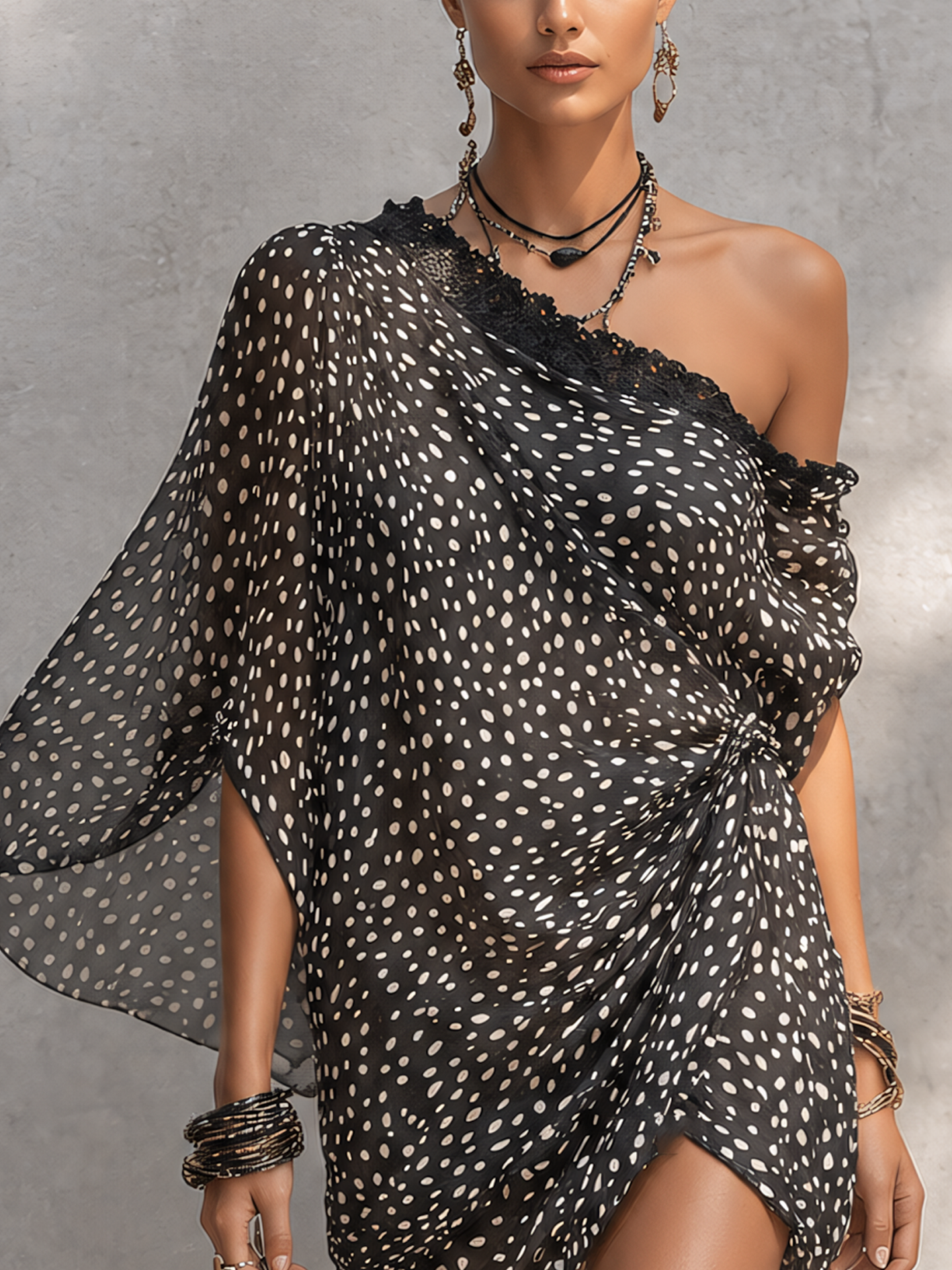 One Shoulder Black Polka Dot Lace Patchwork Chiffon Mini Dress