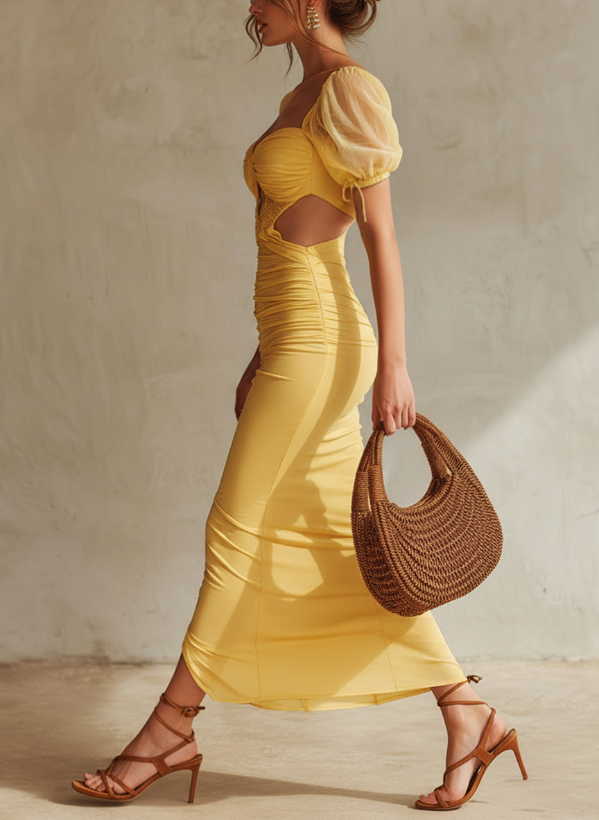 Yellow Ruched Puff Sleeve Bodycon Dress