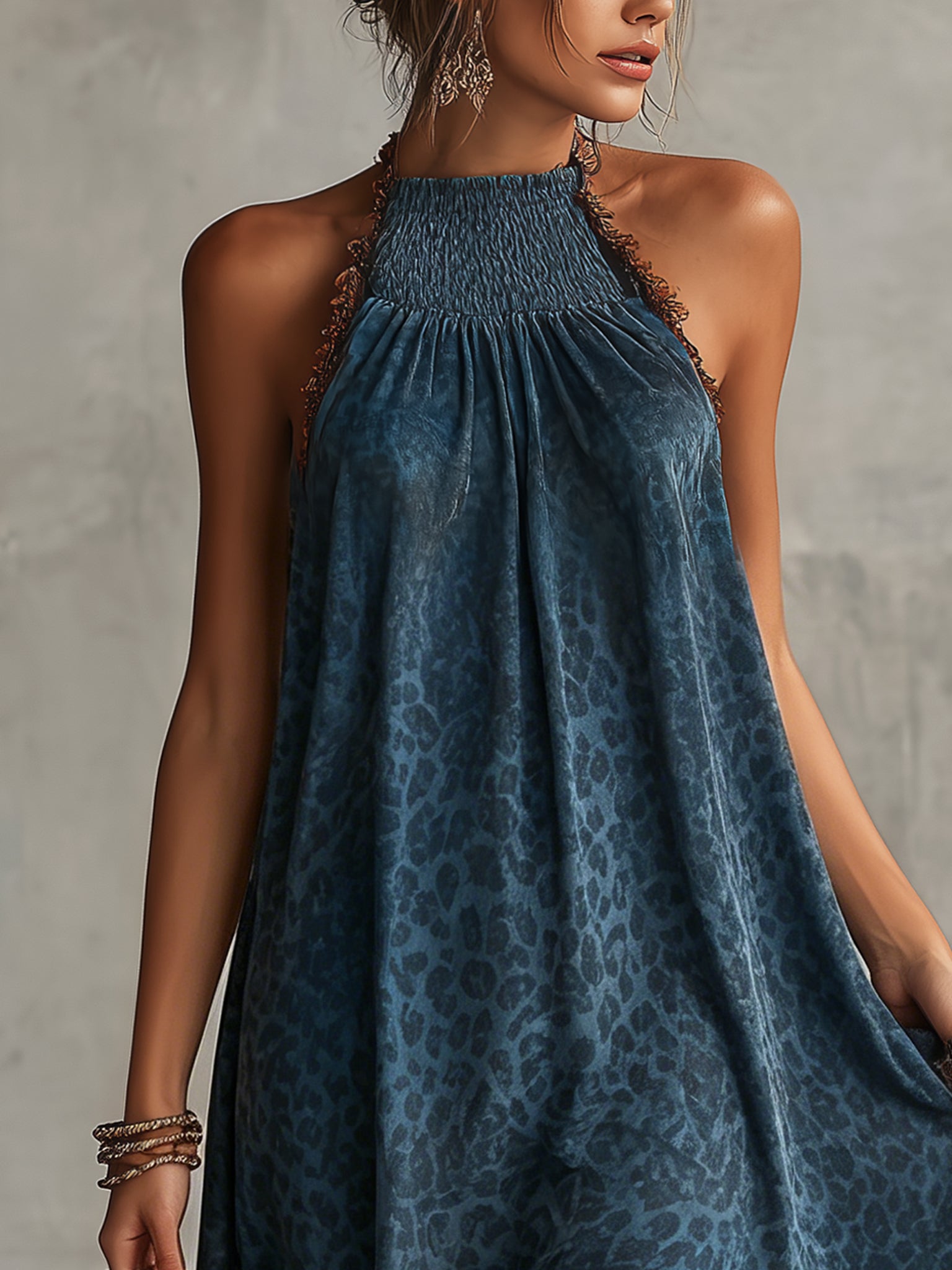 Blue Leopard Print Fringe Mini Dress