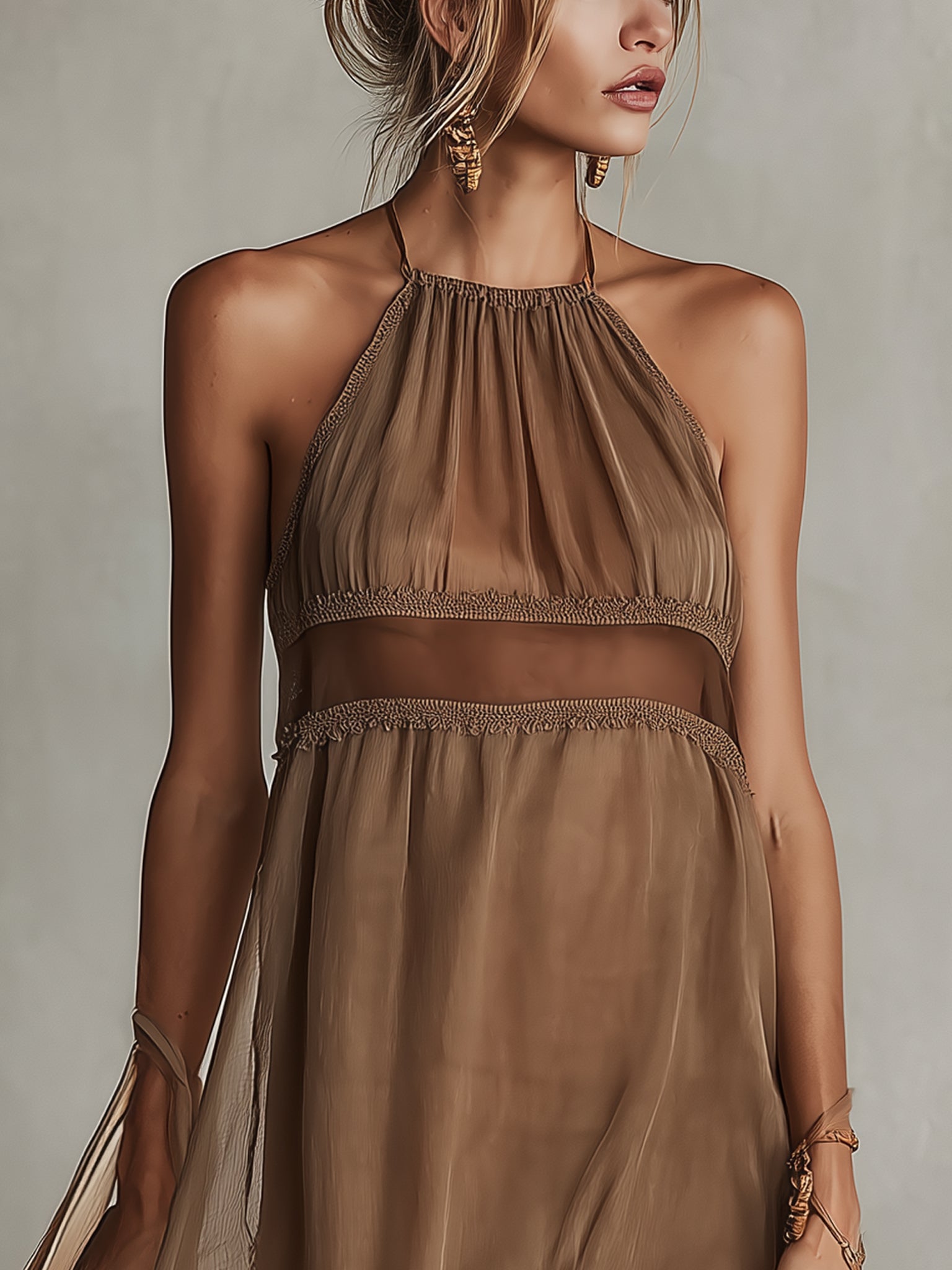 Brown Sleeveless Chiffon Lace Mini Dress