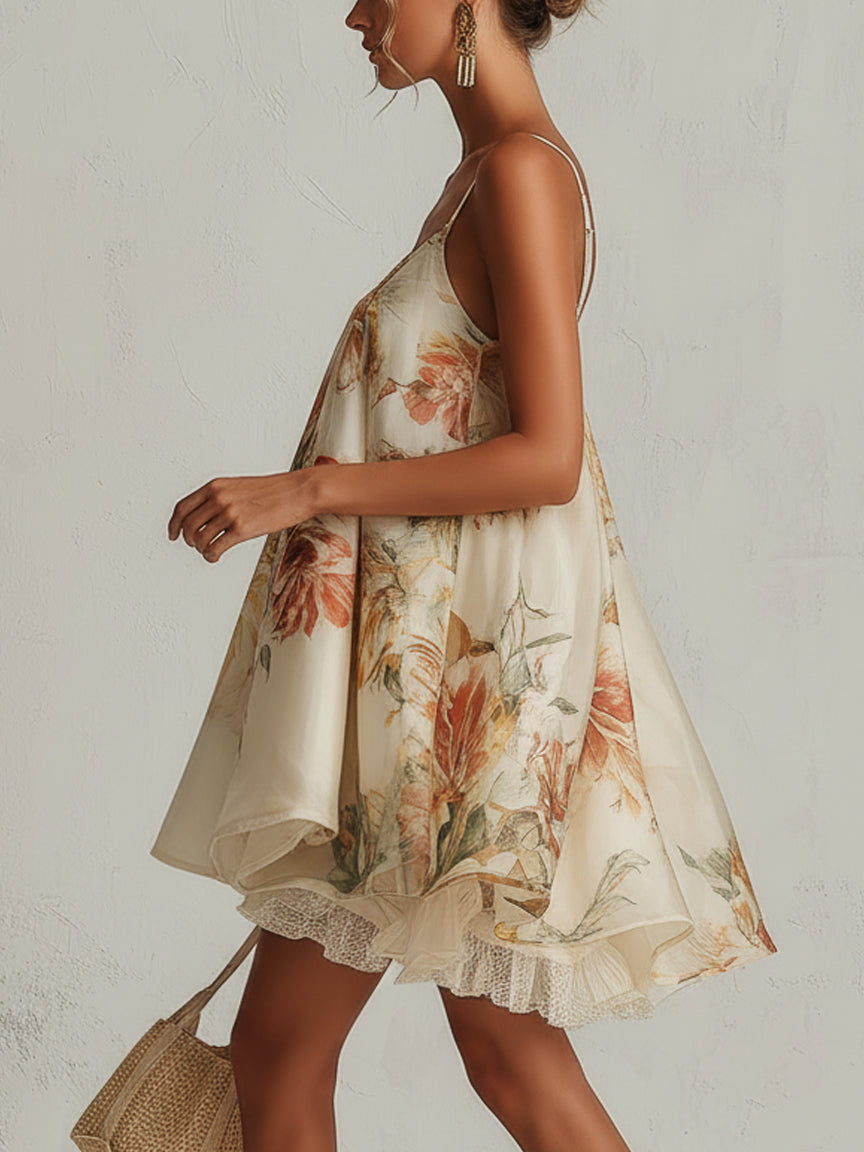 Beige Floral Organza Lace Trim Mini Dress