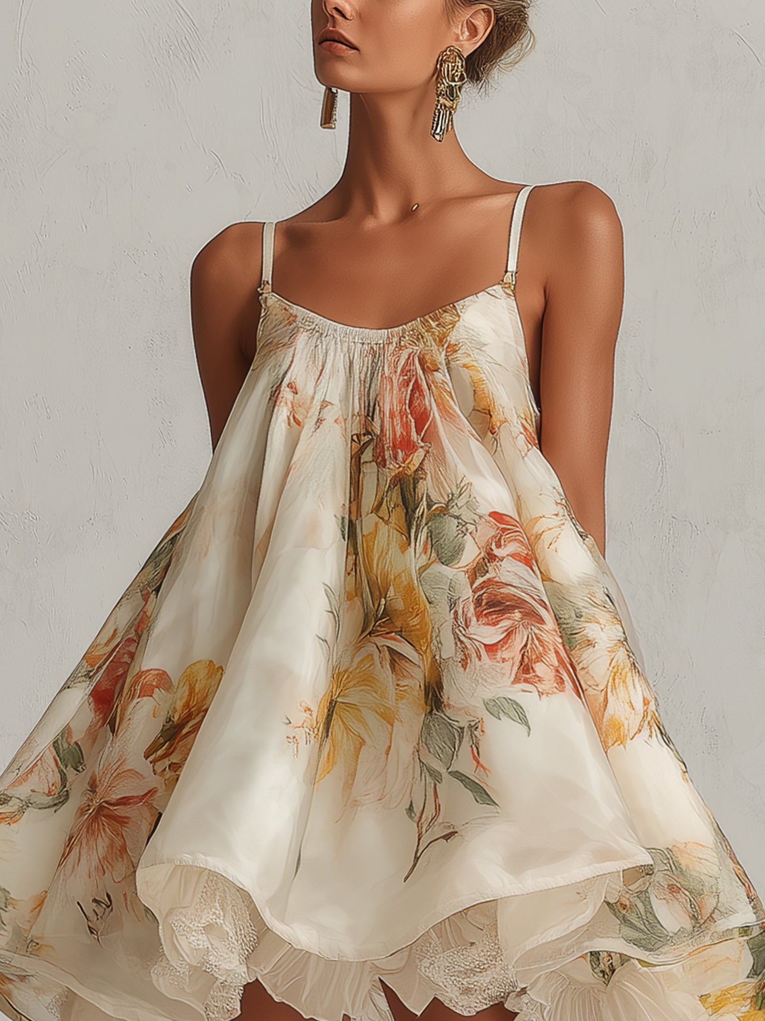 Beige Floral Organza Lace Trim Mini Dress