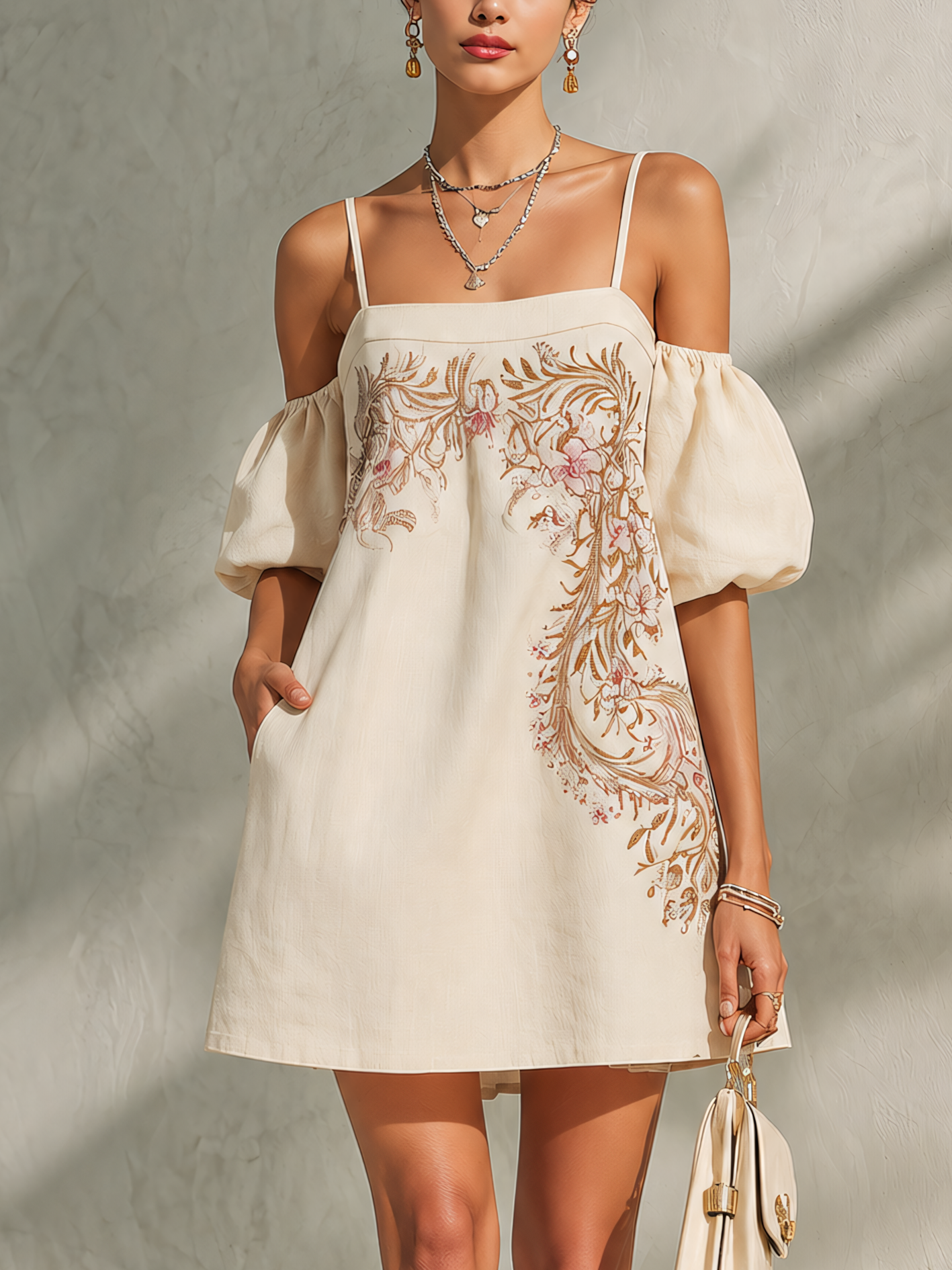 Beige Linen Cotton Embroidered Mini Dress