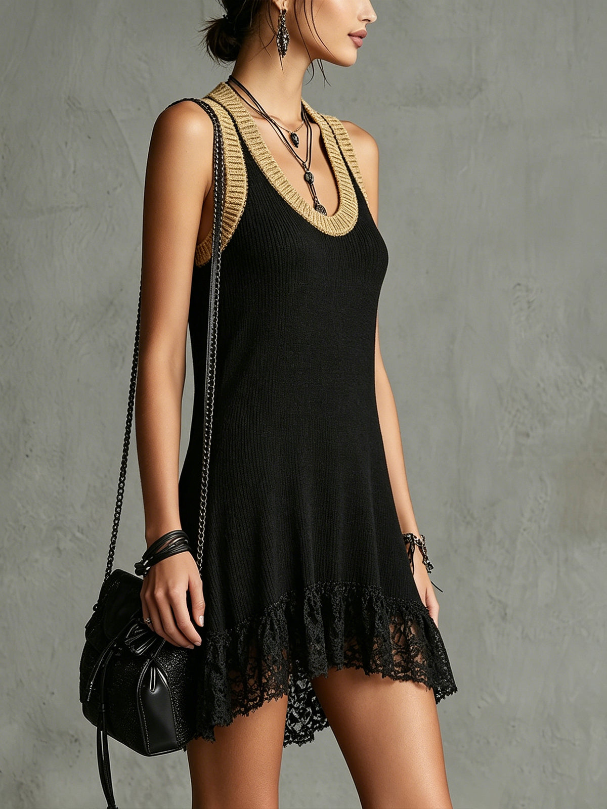 Black Knit Sleeveless Mini Dress With Gold Trim And Lace Hem