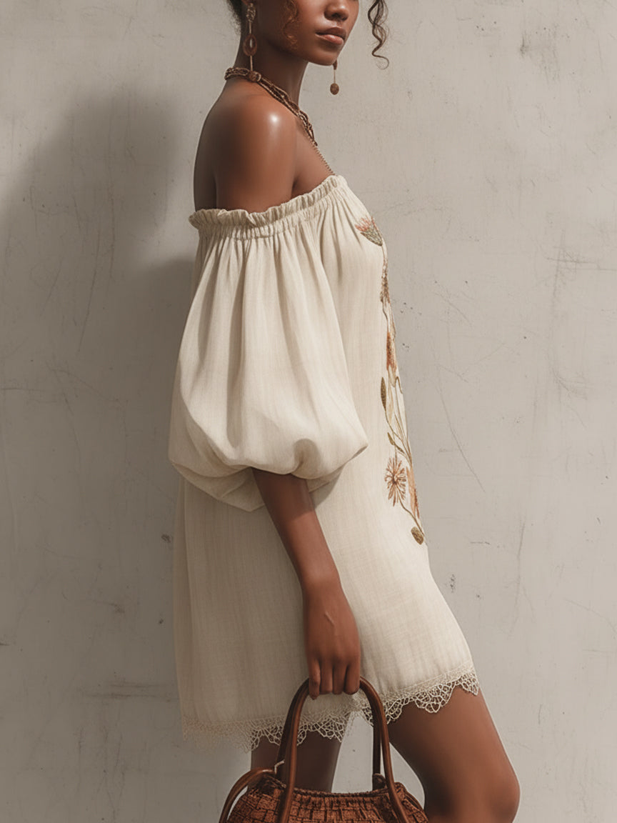 Ivory Off Shoulder Embroidered Linen Mini Dress
