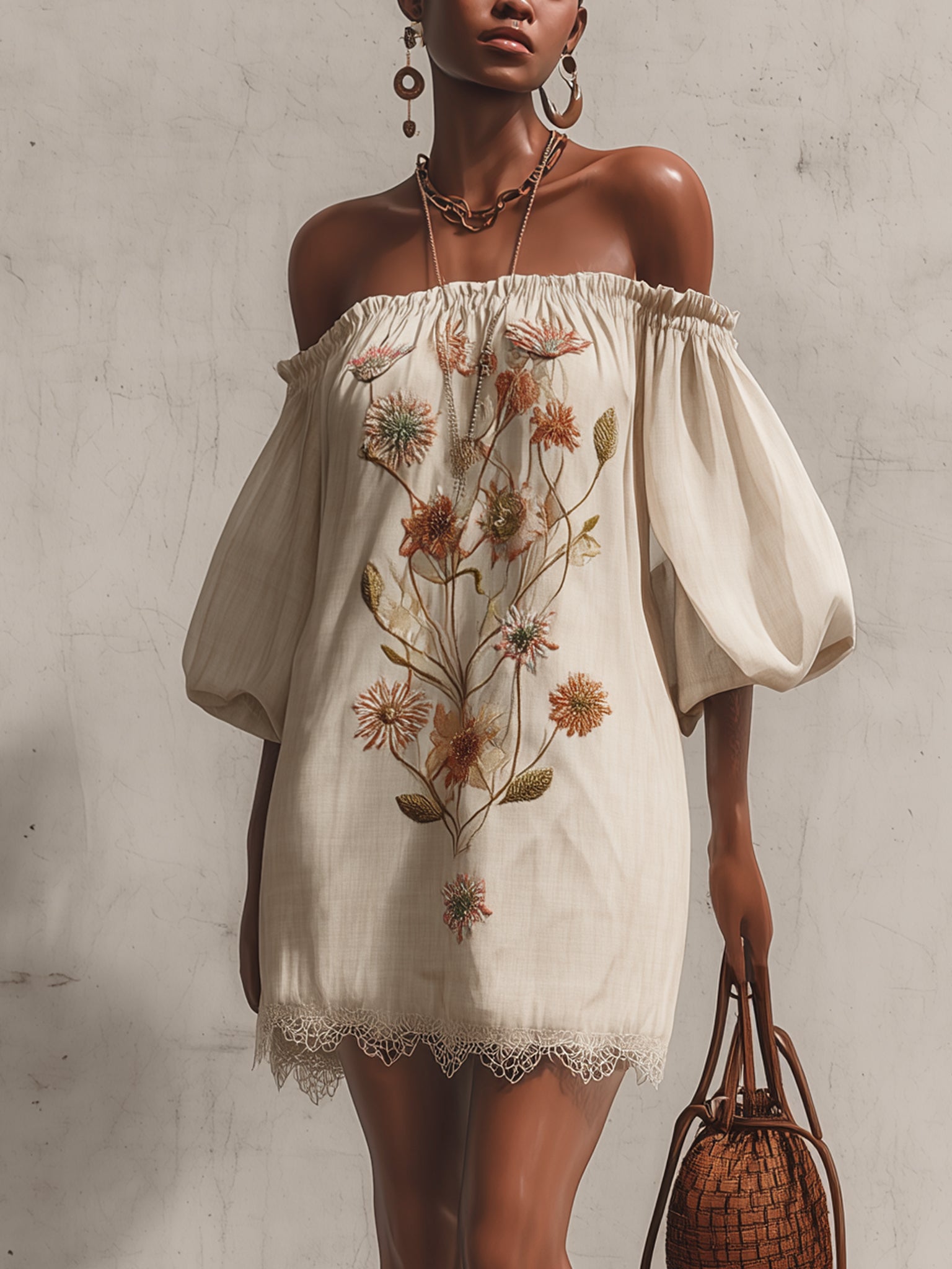 Ivory Off Shoulder Embroidered Linen Mini Dress