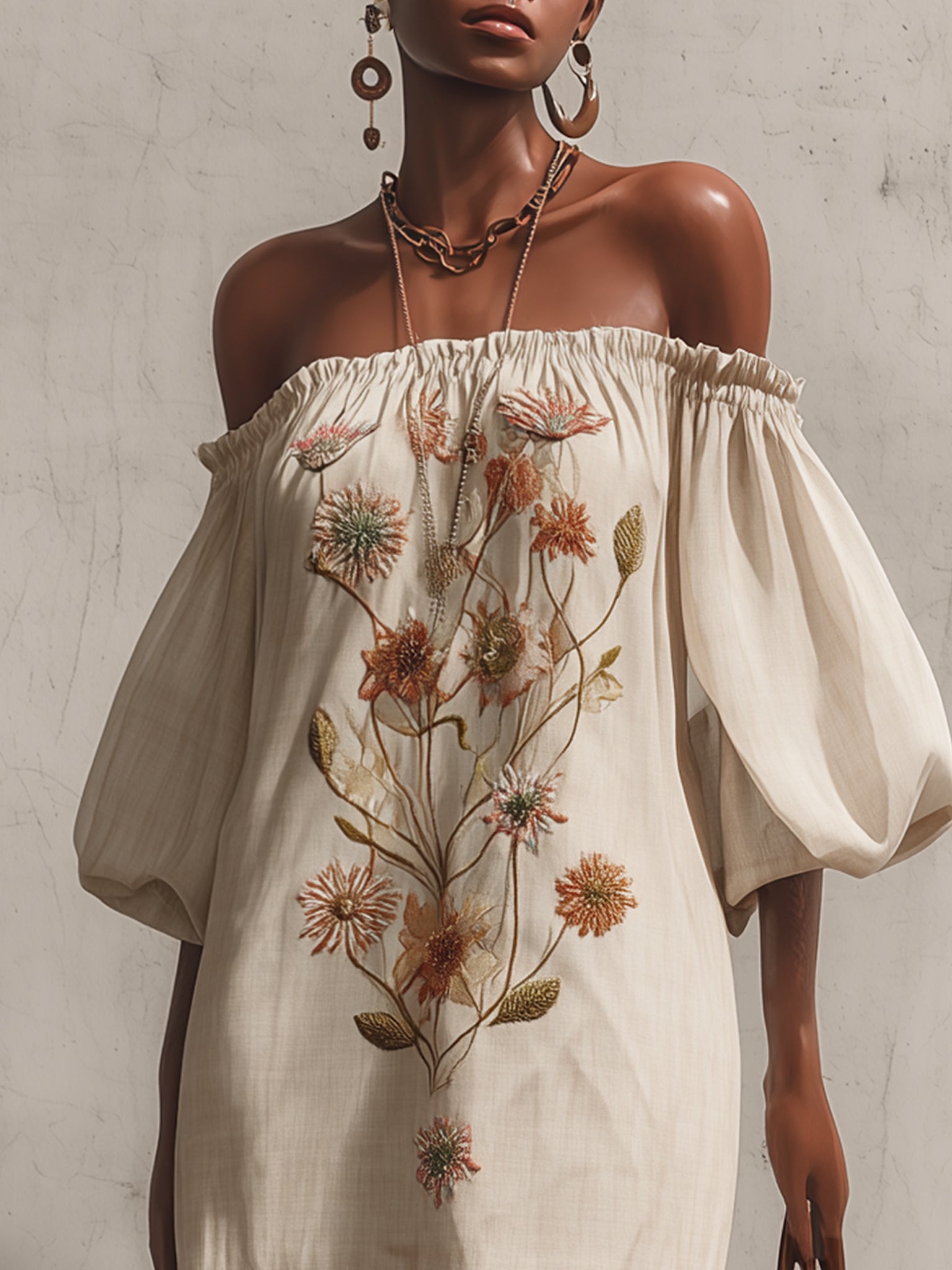 Ivory Off Shoulder Embroidered Linen Mini Dress