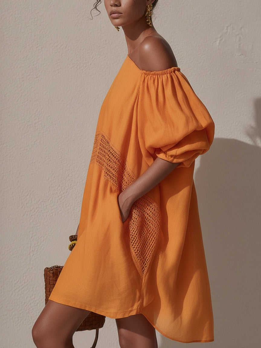 Orange Linen Patchwork Off Shoulder Mini Dress