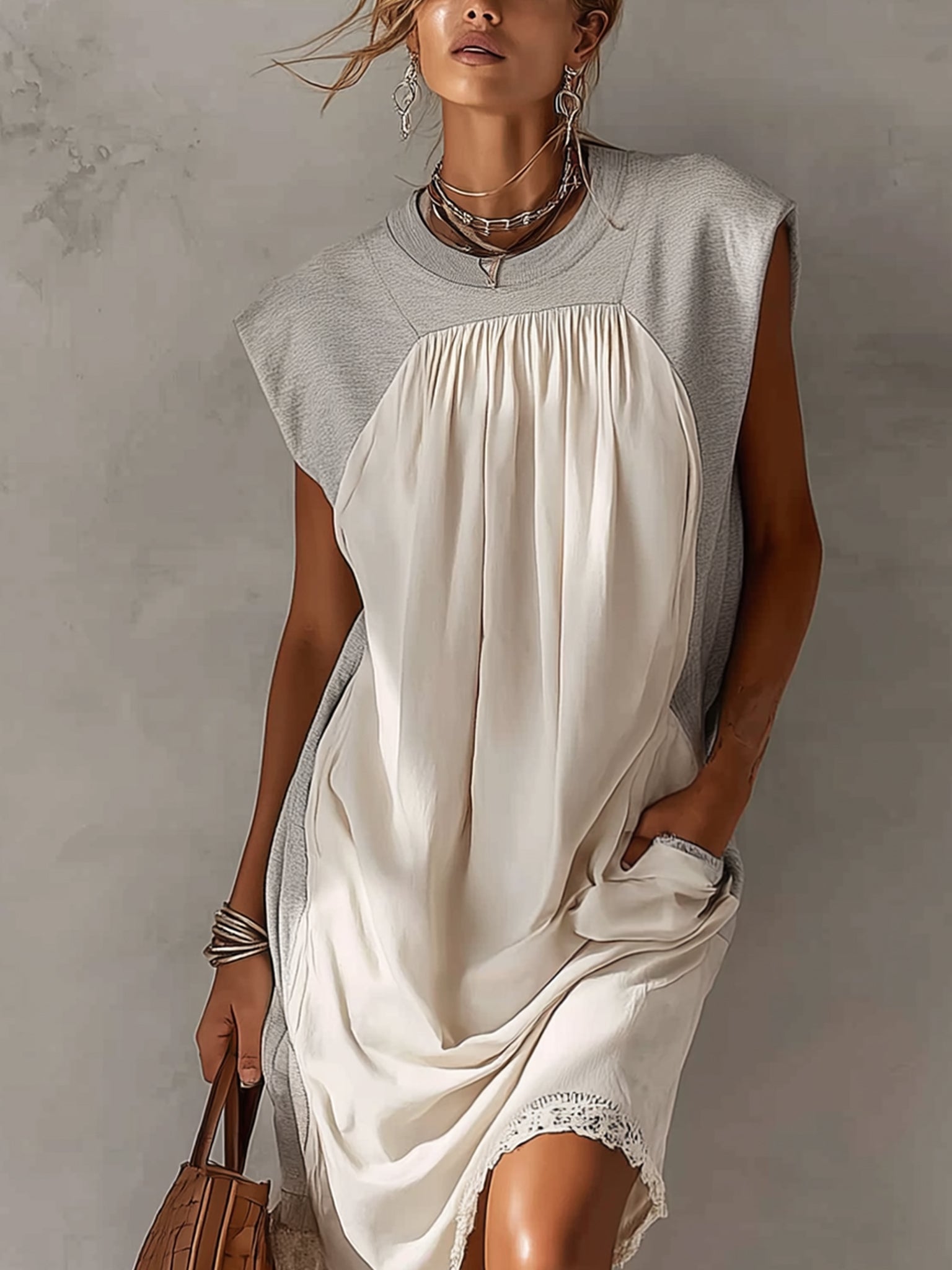 Gray And White Sleeveless Cotton Blend Midi Dress