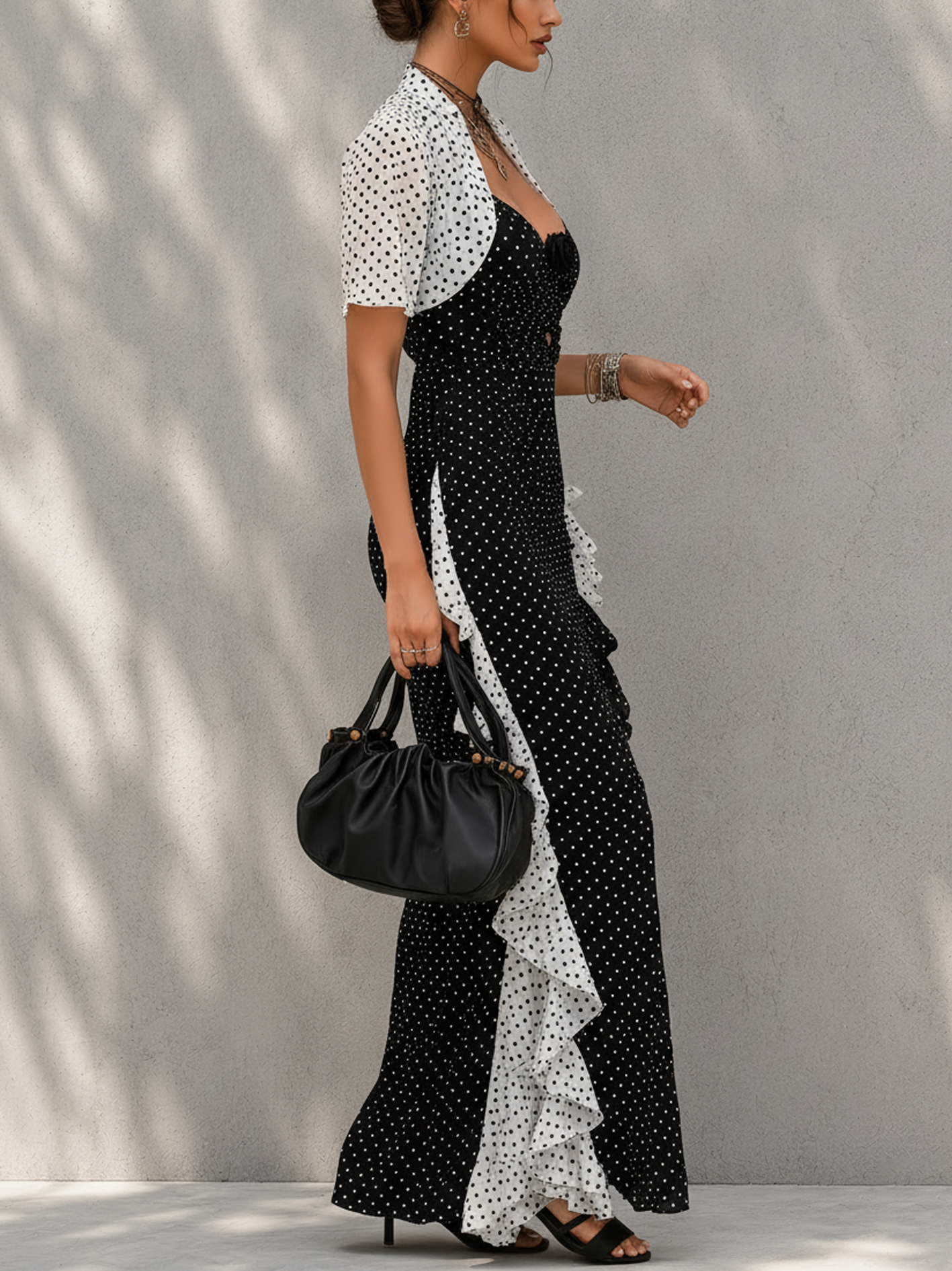 Black Polka Dot Patchwork Ruffle Cutout Bodycon Dress With 3D Floral Detail