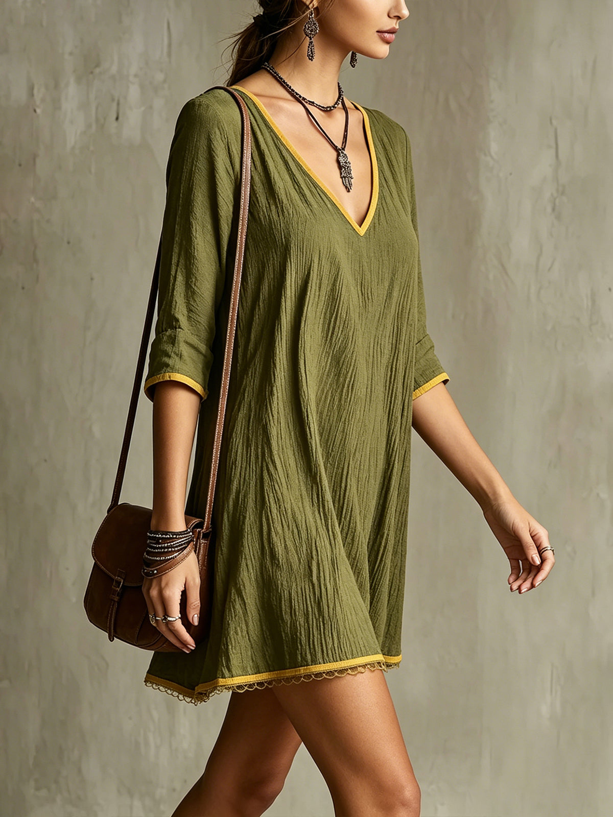 Olive Green V-Neck Mini Dress With Mustard Trim