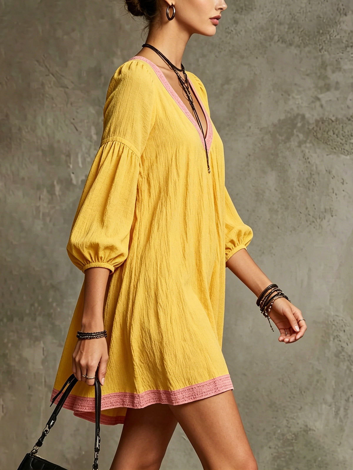 Yellow V-Neck Mini Dress With Pink Trim And Balloon Sleeves