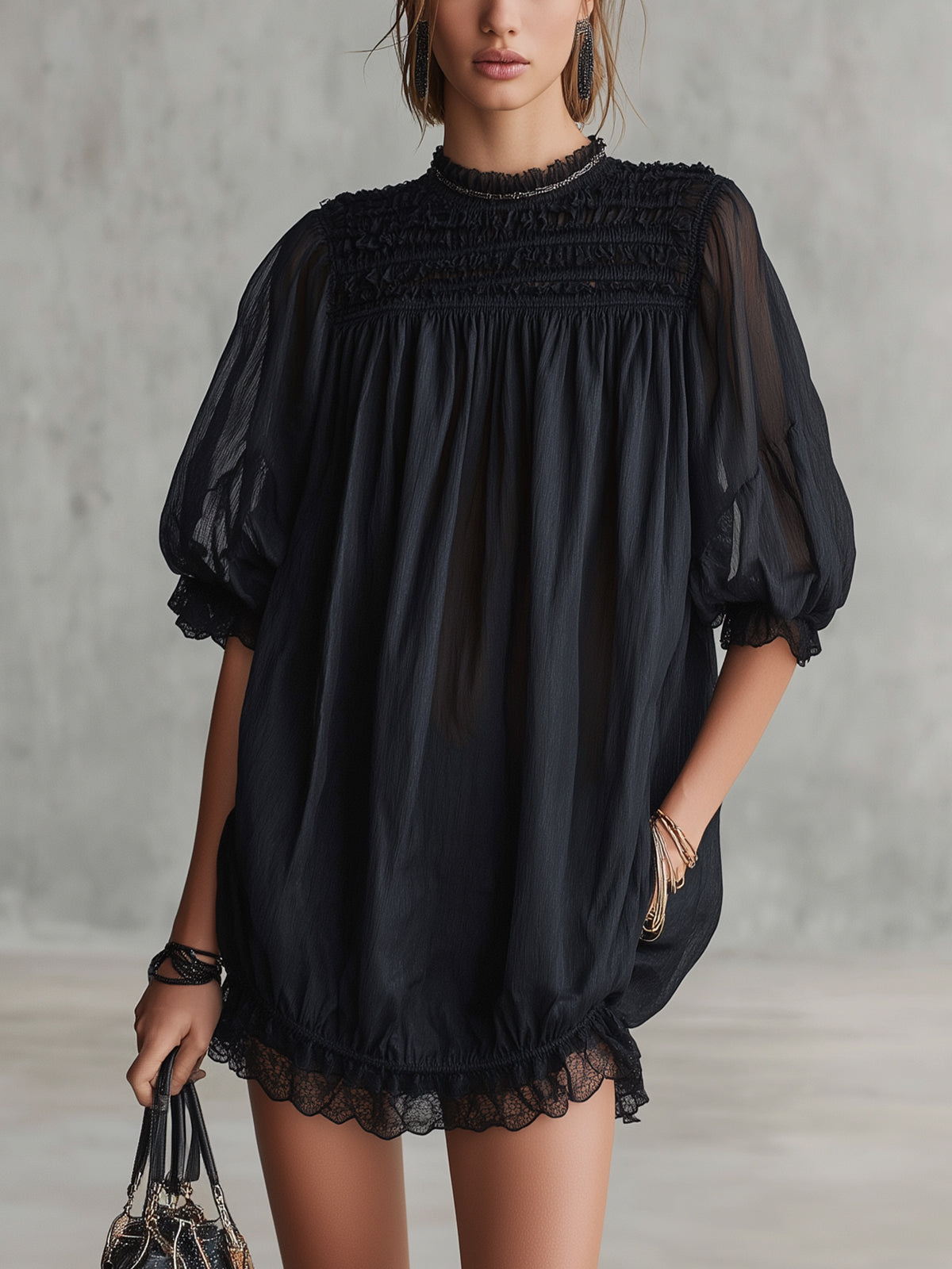 Black Sheer Puff Sleeve Mini Dress