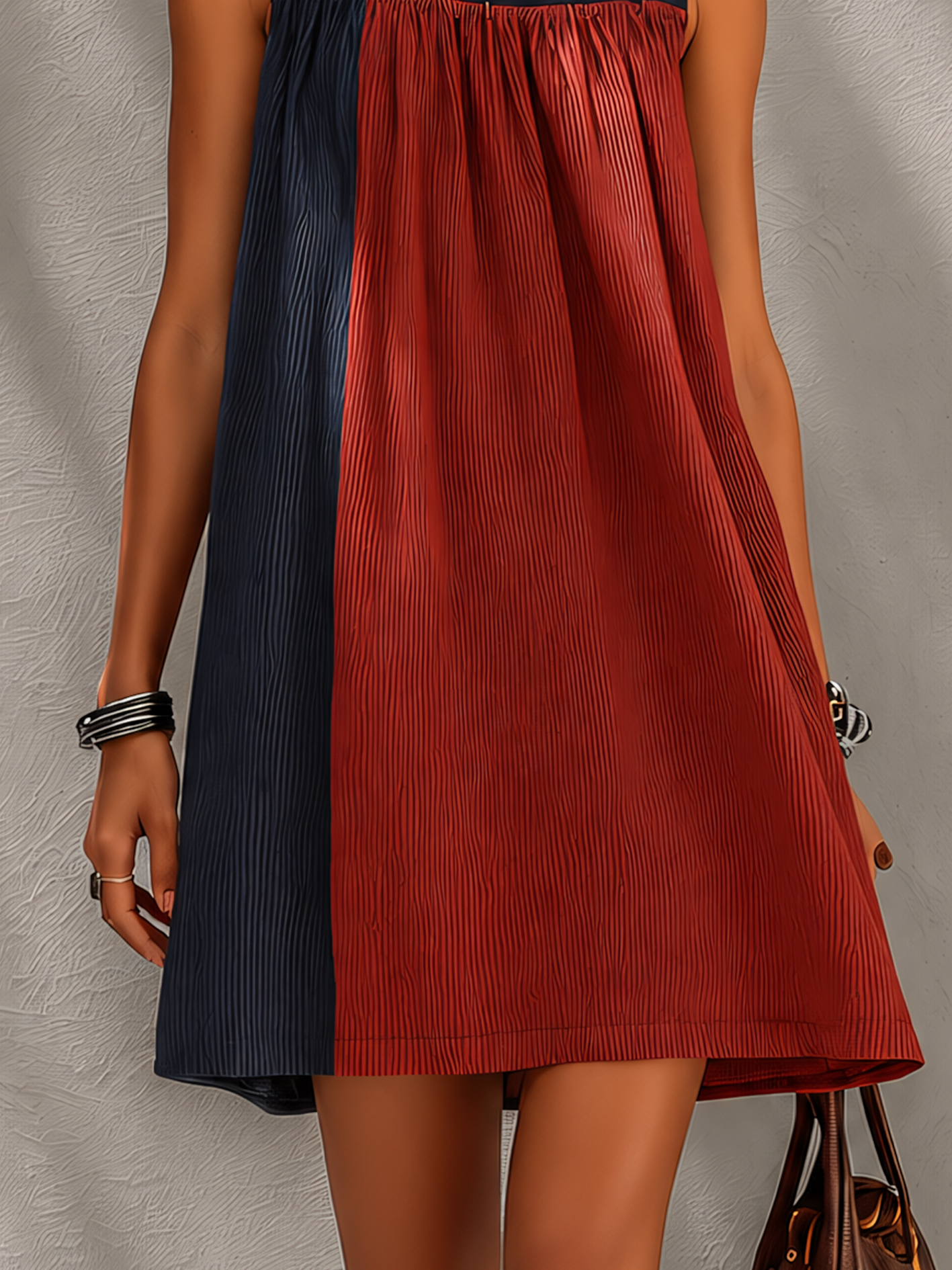Navy And Rust Red Colorblock Textured Mini Dress With Star Embroidery