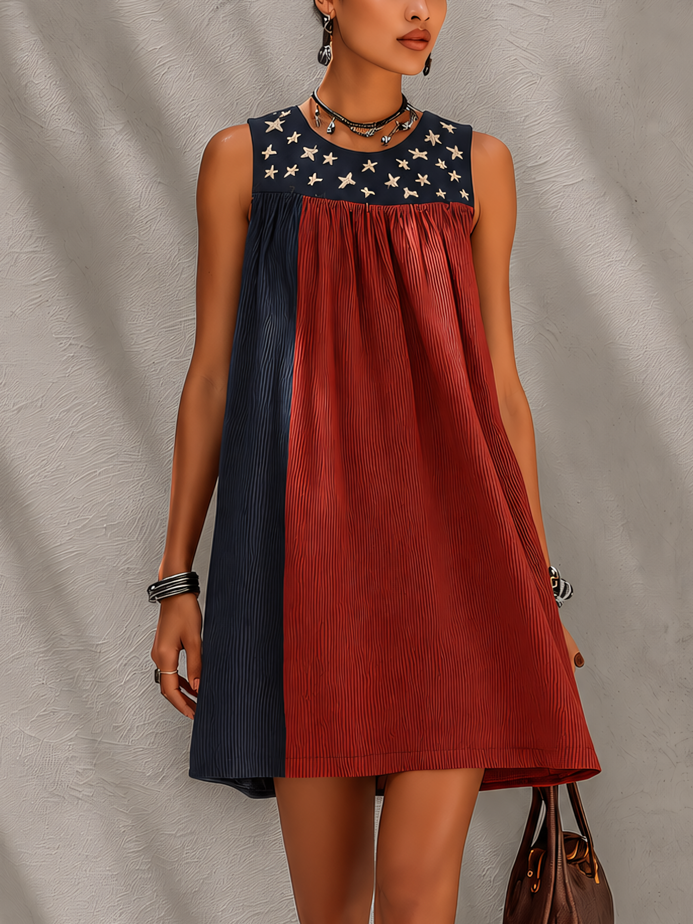 Navy And Rust Red Colorblock Textured Mini Dress With Star Embroidery