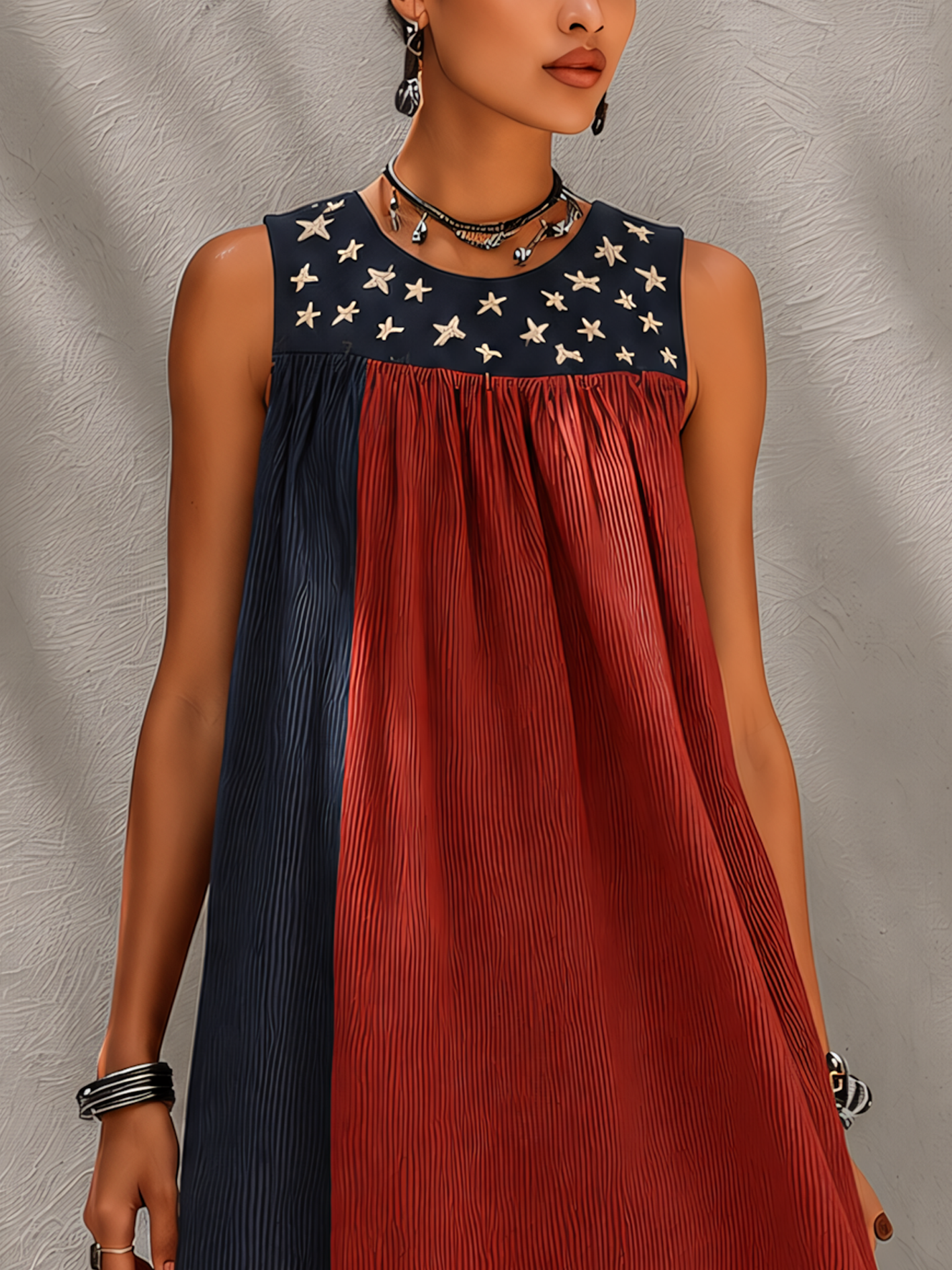 Navy And Rust Red Colorblock Textured Mini Dress With Star Embroidery