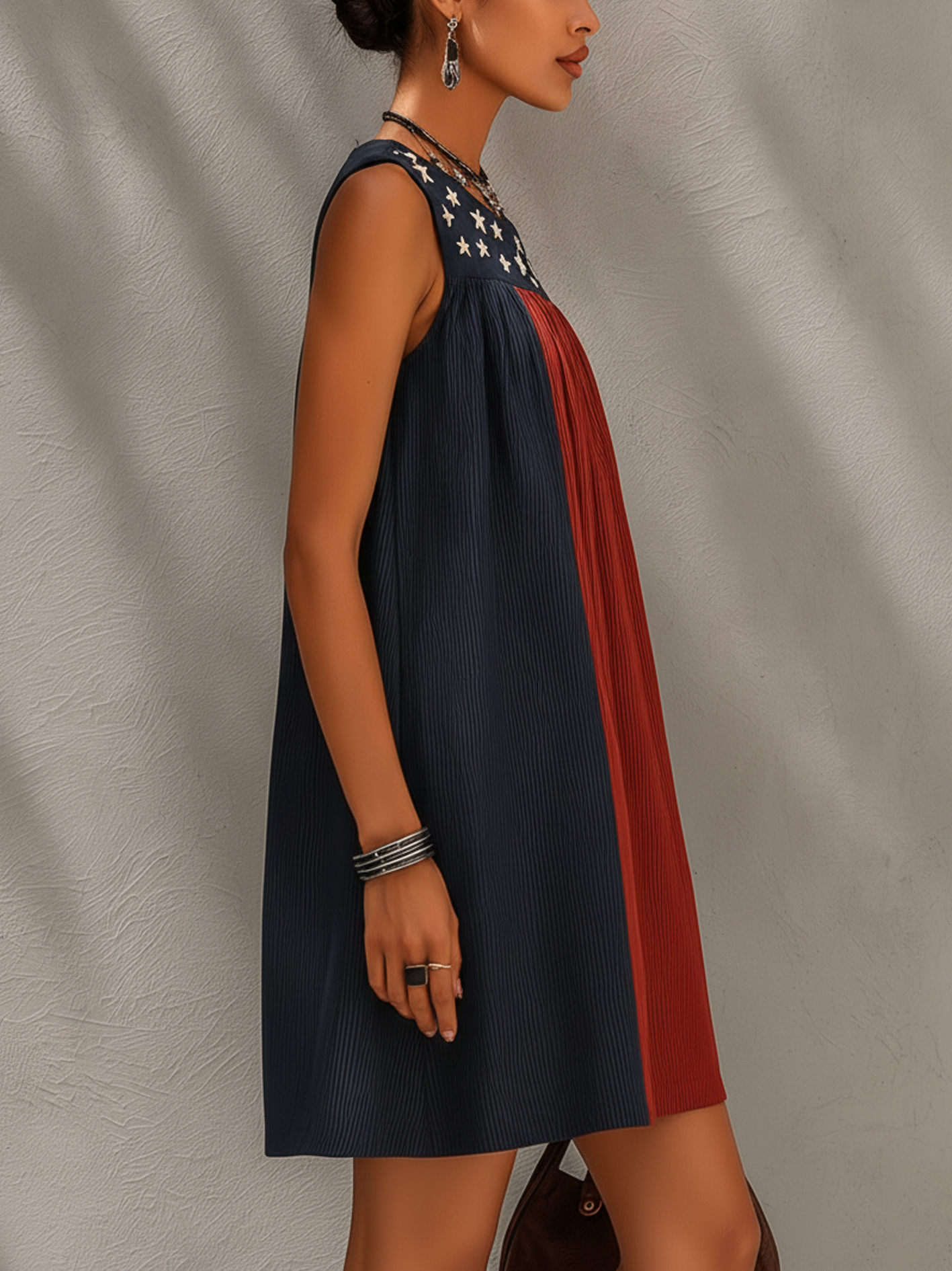 Navy And Rust Red Colorblock Textured Mini Dress With Star Embroidery