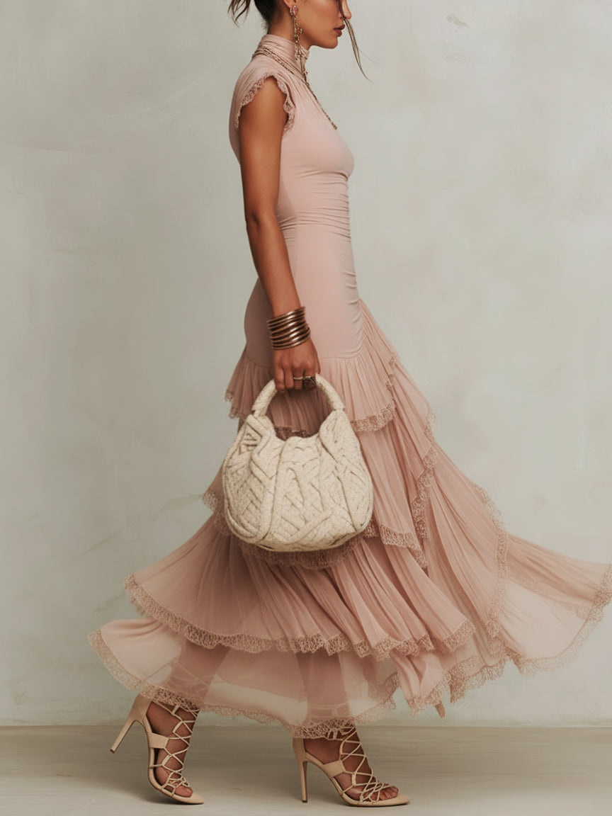 Pink Asymmetric Chiffon Maxi Dress