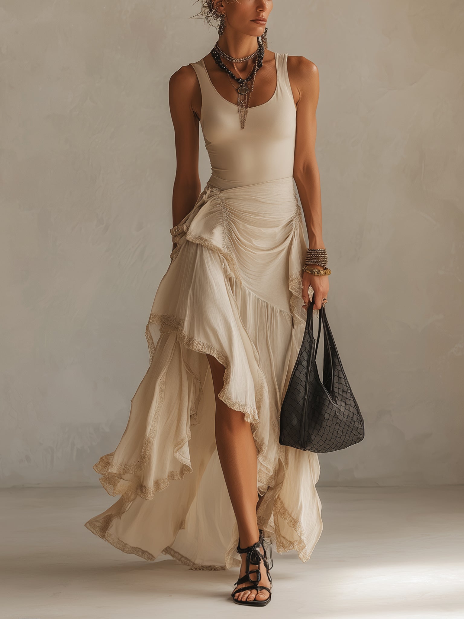 Beige Sleeveless U-Neck Maxi Dress