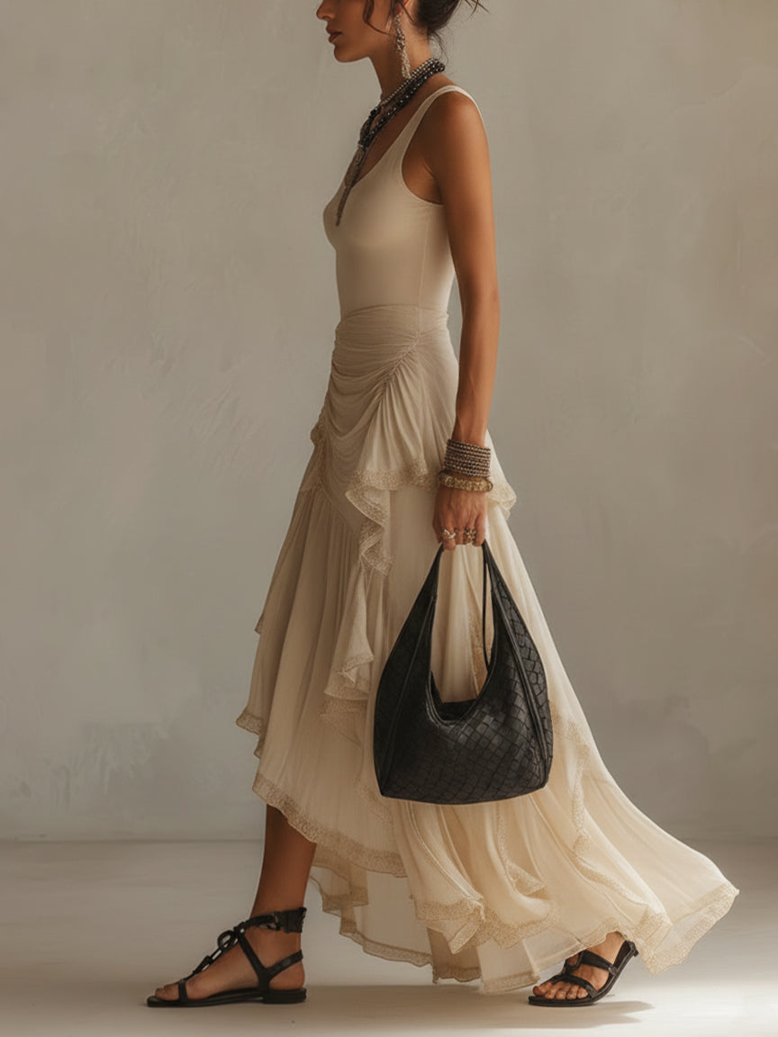 Beige Sleeveless U-Neck Maxi Dress
