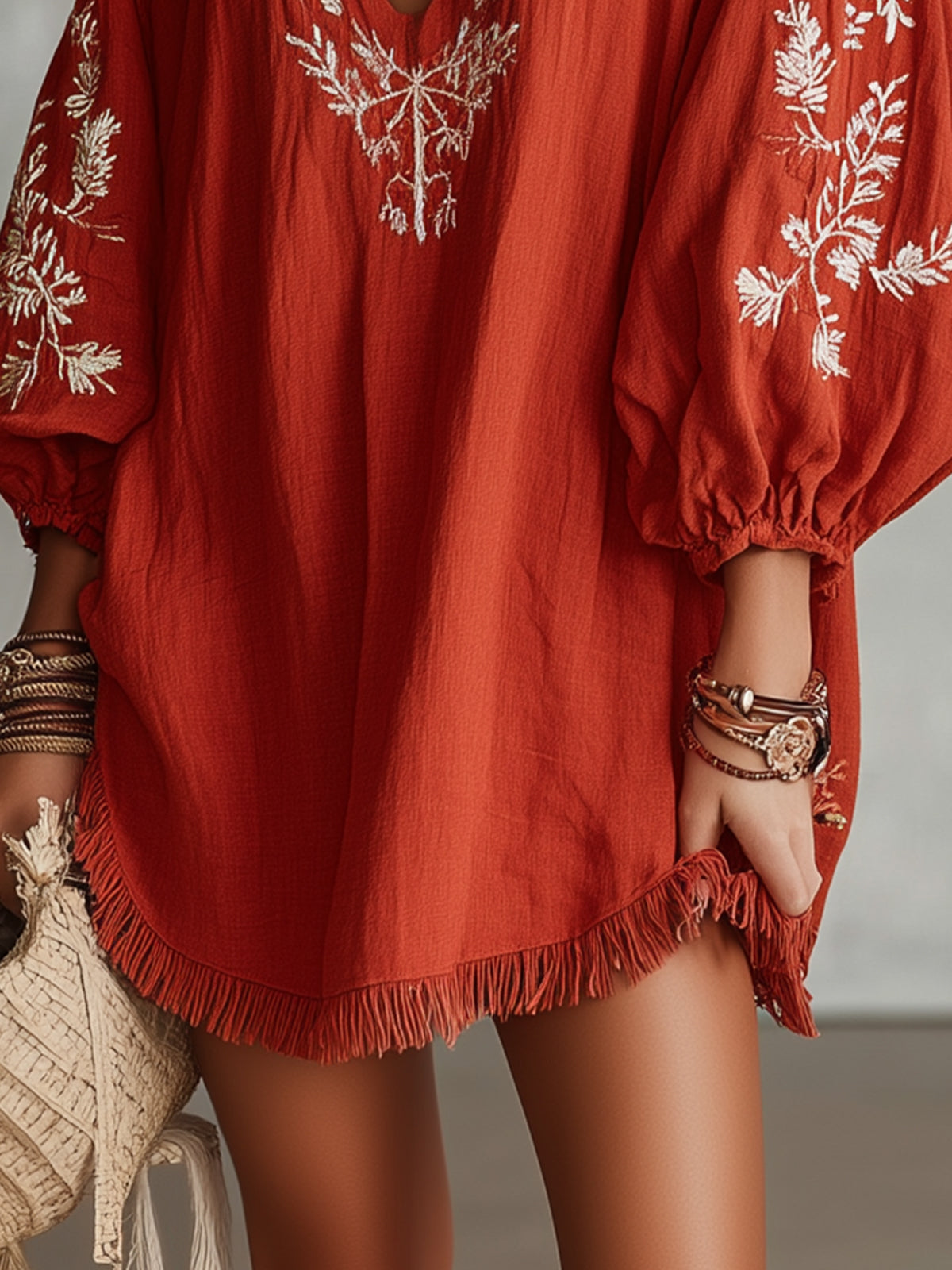 Red Embroidered V-Neck Mini Dress With Balloon Sleeves And Fringe Hem