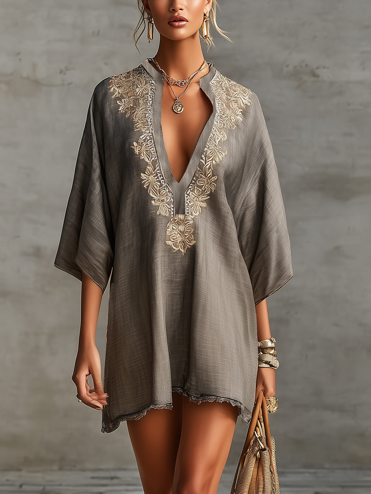V-Neck Embroidered Kaftan Mini Dress