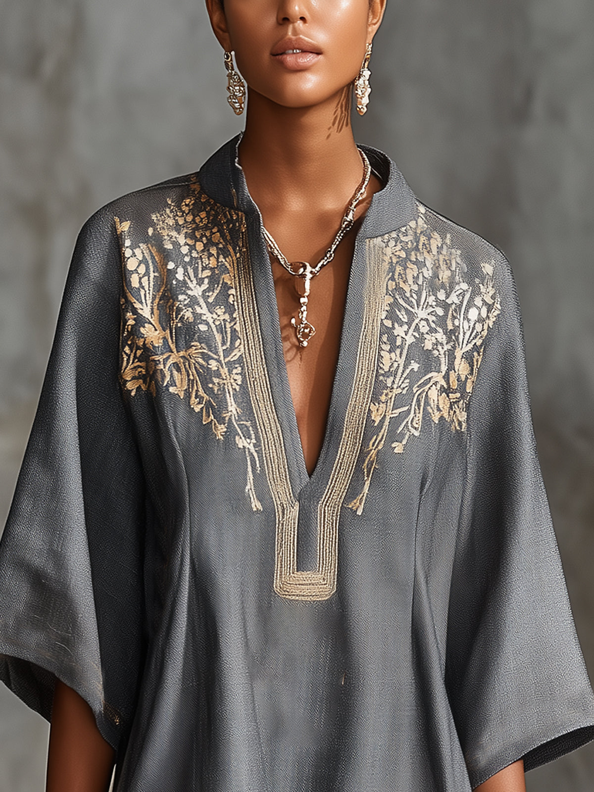 Gray V-Neck Embroidered Kaftan Mini Dress