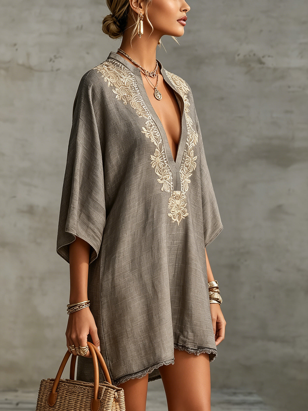 V-Neck Embroidered Kaftan Mini Dress