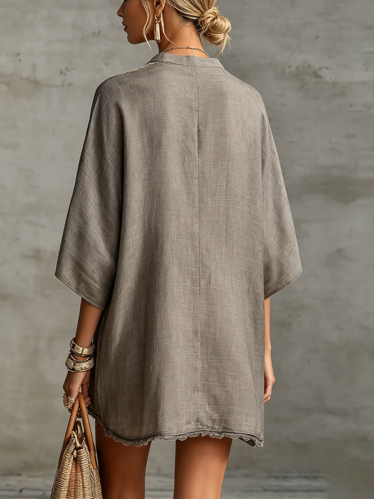V-Neck Embroidered Kaftan Mini Dress