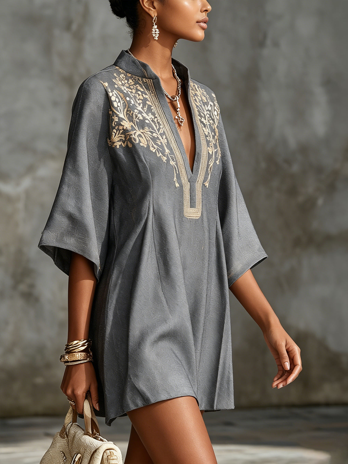 Gray V-Neck Embroidered Kaftan Mini Dress