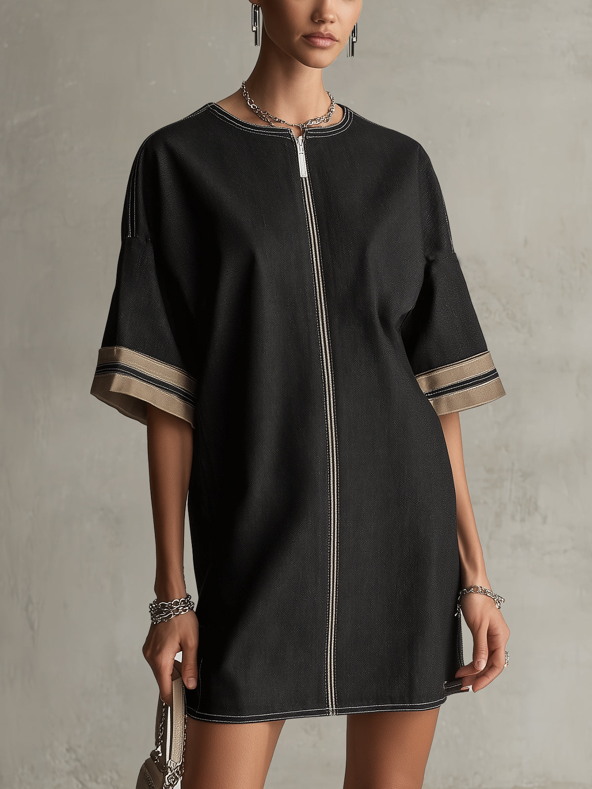 Black Zip-Front Mini Dress With Contrast Cuff Detail