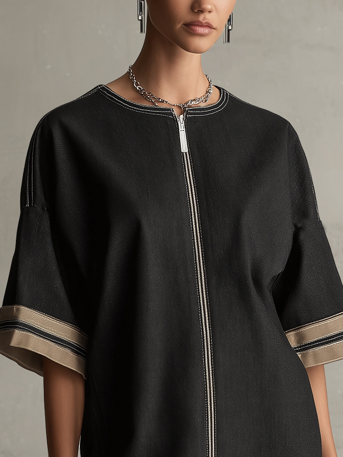 Black Zip-Front Mini Dress With Contrast Cuff Detail