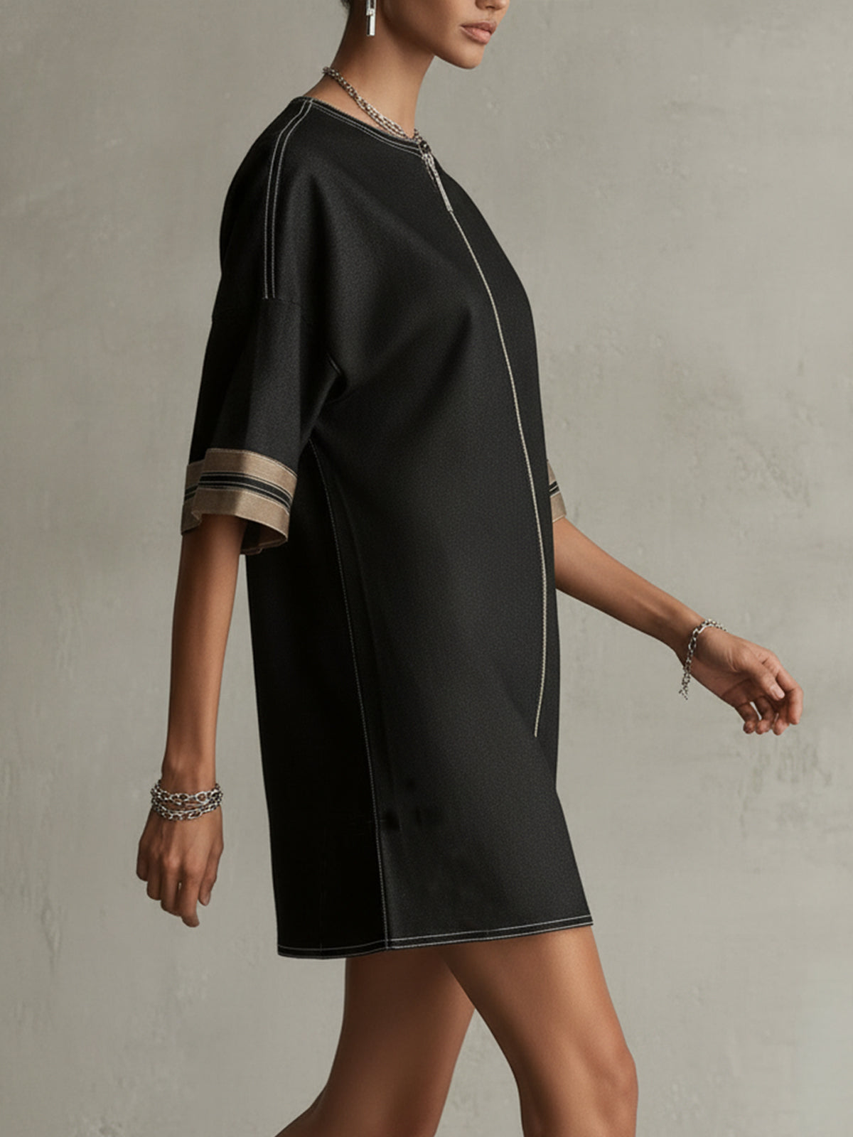 Black Zip-Front Mini Dress With Contrast Cuff Detail