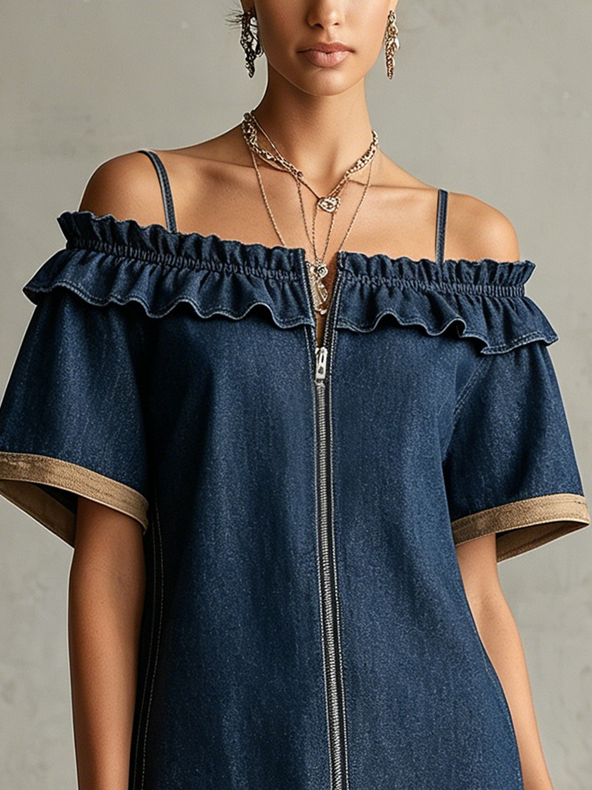 Blue Off-Shoulder Mini Dress With Front Zip And Ruffle Trim