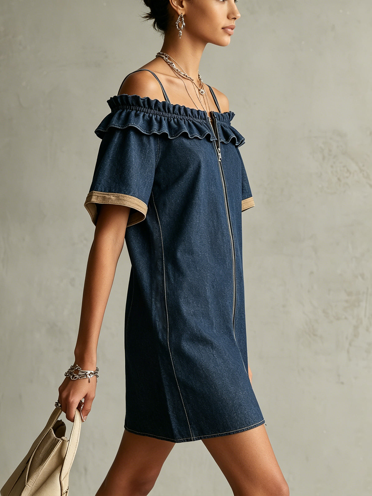 Blue Off-Shoulder Mini Dress With Front Zip And Ruffle Trim